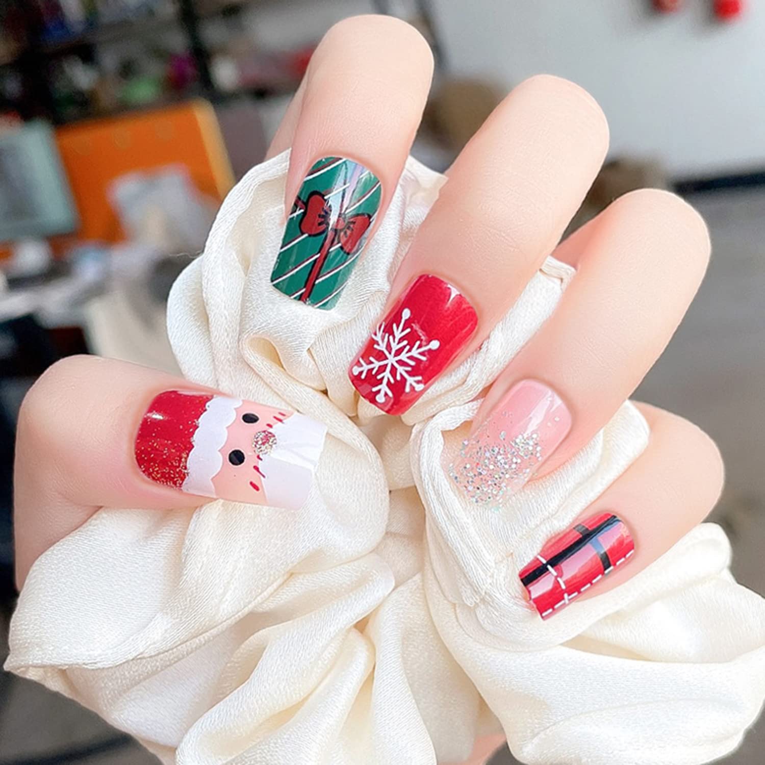 Christmas Square Press on Nails Santa Claus Acrylic Fake