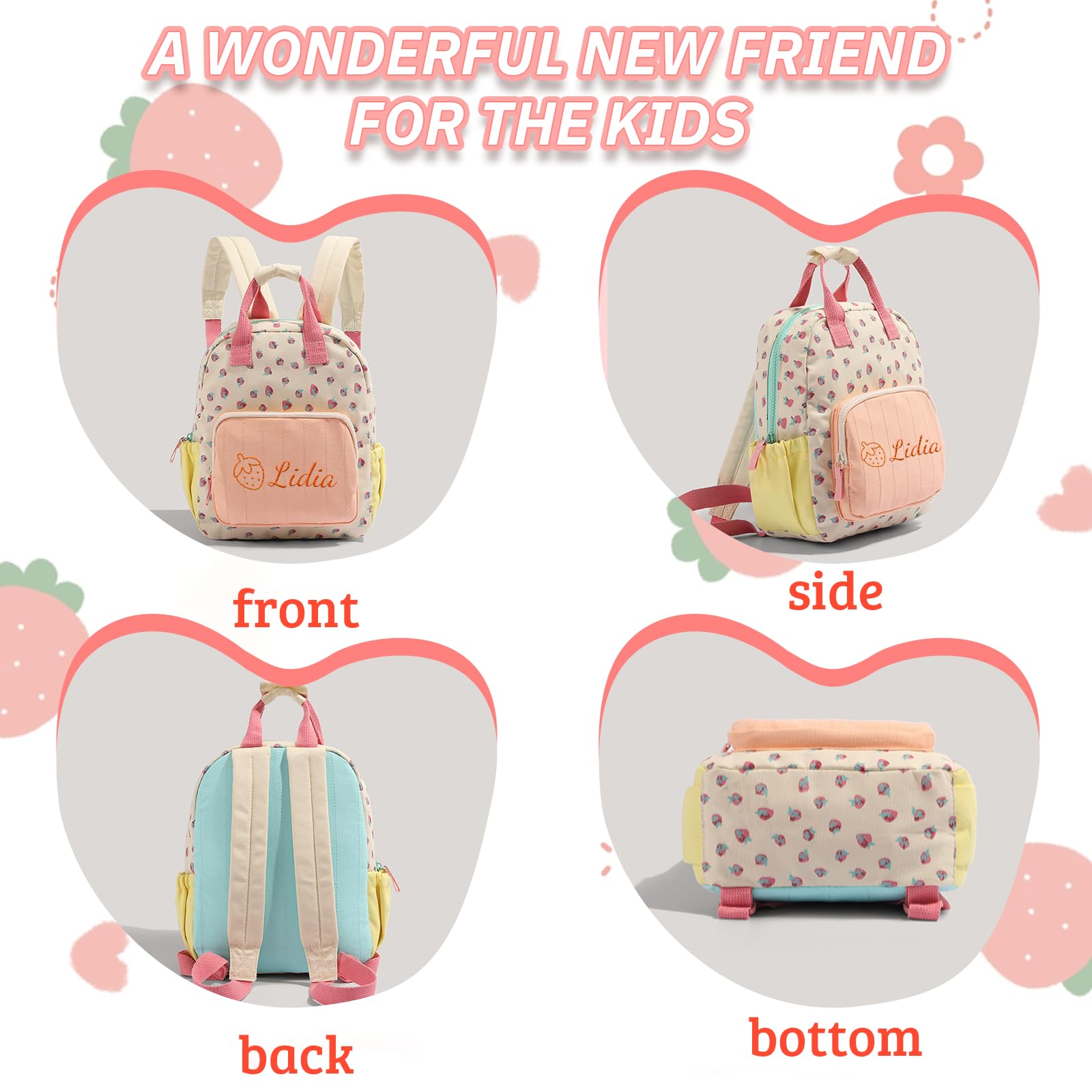 Generico Zainetto Bambina Personalizzato con Nome Ricamato, Mini Zaino Bambina 23x28cm, Zaino Personalizzato a Design Fragola per Bambine 2-5 Anni