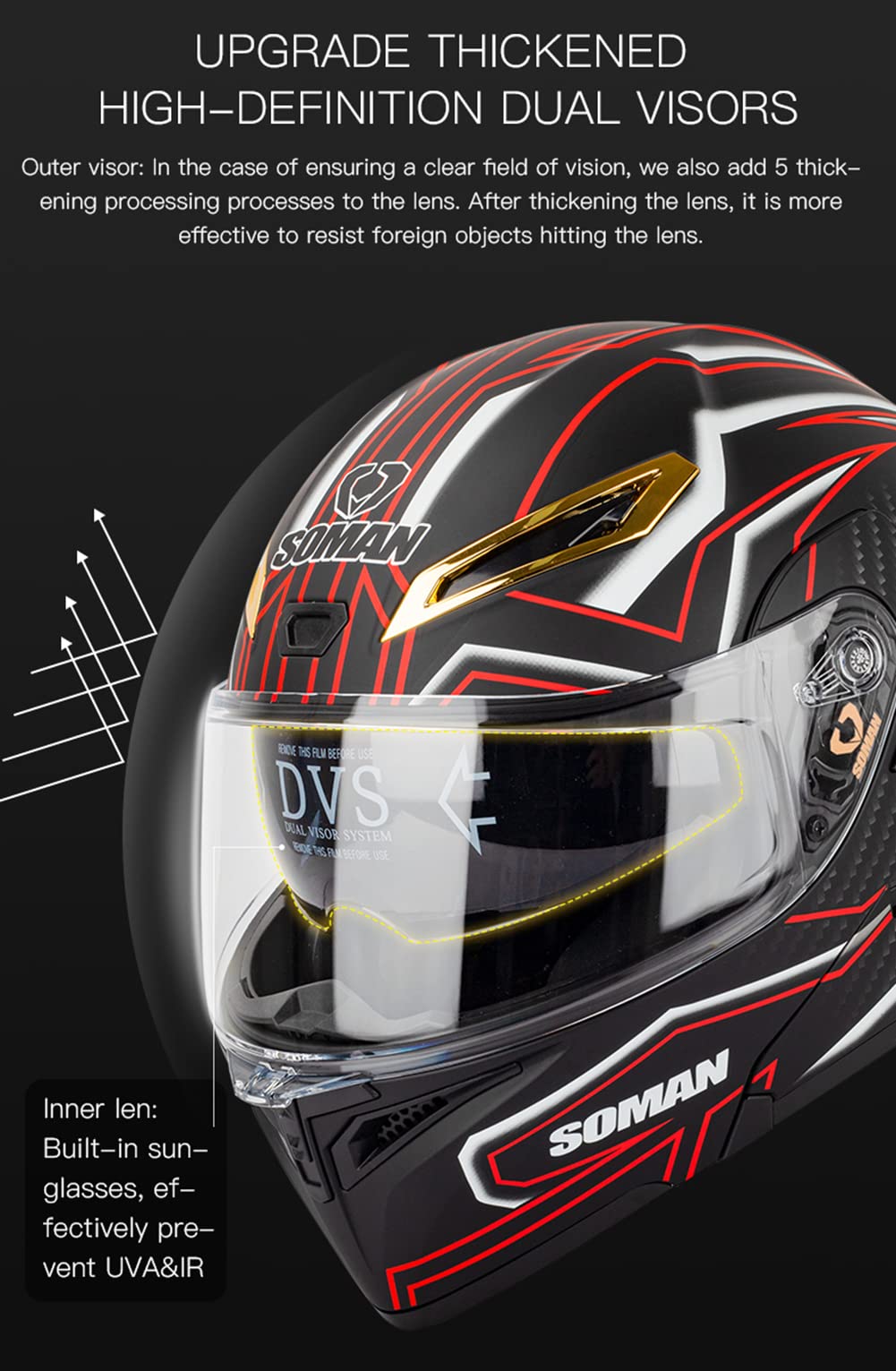 Modulaire motor helm Opklapbare helm met dubbele anti-condens lens D.O.T integraalhelm voor heren en dames Bromfiets Scooter Motor helmen (helderzwarte schedel) (58~60cm L