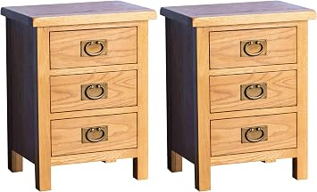 Set of 2 Surrey Oak Bedside Tables Storage Cabinet Units | Pair of Roseland Furniture Rustic Traditional Solid Wood Waxed Side End Night Stands with 3 Drawers for Bedroom or Bathroom| Fully Assembled