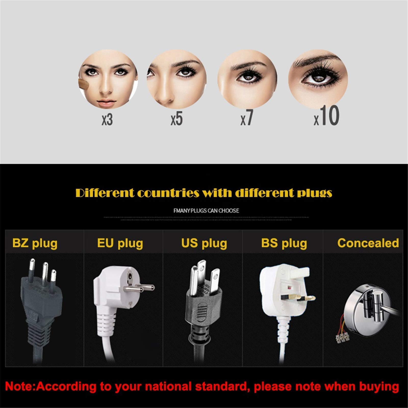 Espejo de Maquillaje de latón de 8 Pulgadas con luz LED 3X/5X/7X/10X Espejo de Aumento Baño Cromo Extensible Montado en la Pared Espejo de Afeitar con Interruptor de Enchufe 7X (Color : 5X)