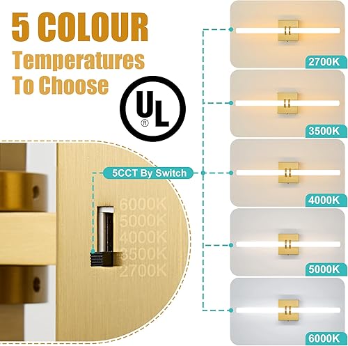Miniatura 5 de Bathroom Light Fixtures,Gold 18W LED 360° Full Lighting Modern Wall Sconce Vanity Light with 5-Color Dimmable 3000K-6000K, 22.05inch Vanity Lighting