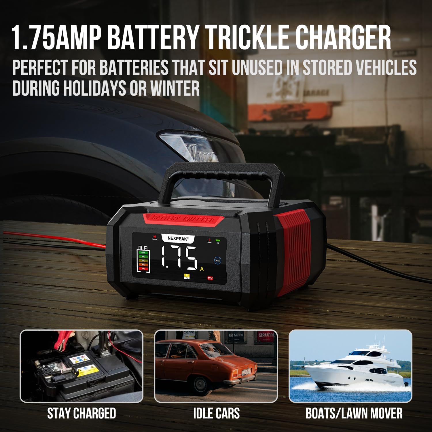 NEXPEAK 15A Battery Charger, Trickle Charger 12V/24V Car Battery Charger 9-Stage Smart LiFePO4 Charger Battery Maintainer w/Overcharge Protection Pulse Repair for Car Truck Motorcycle Lawn Mower