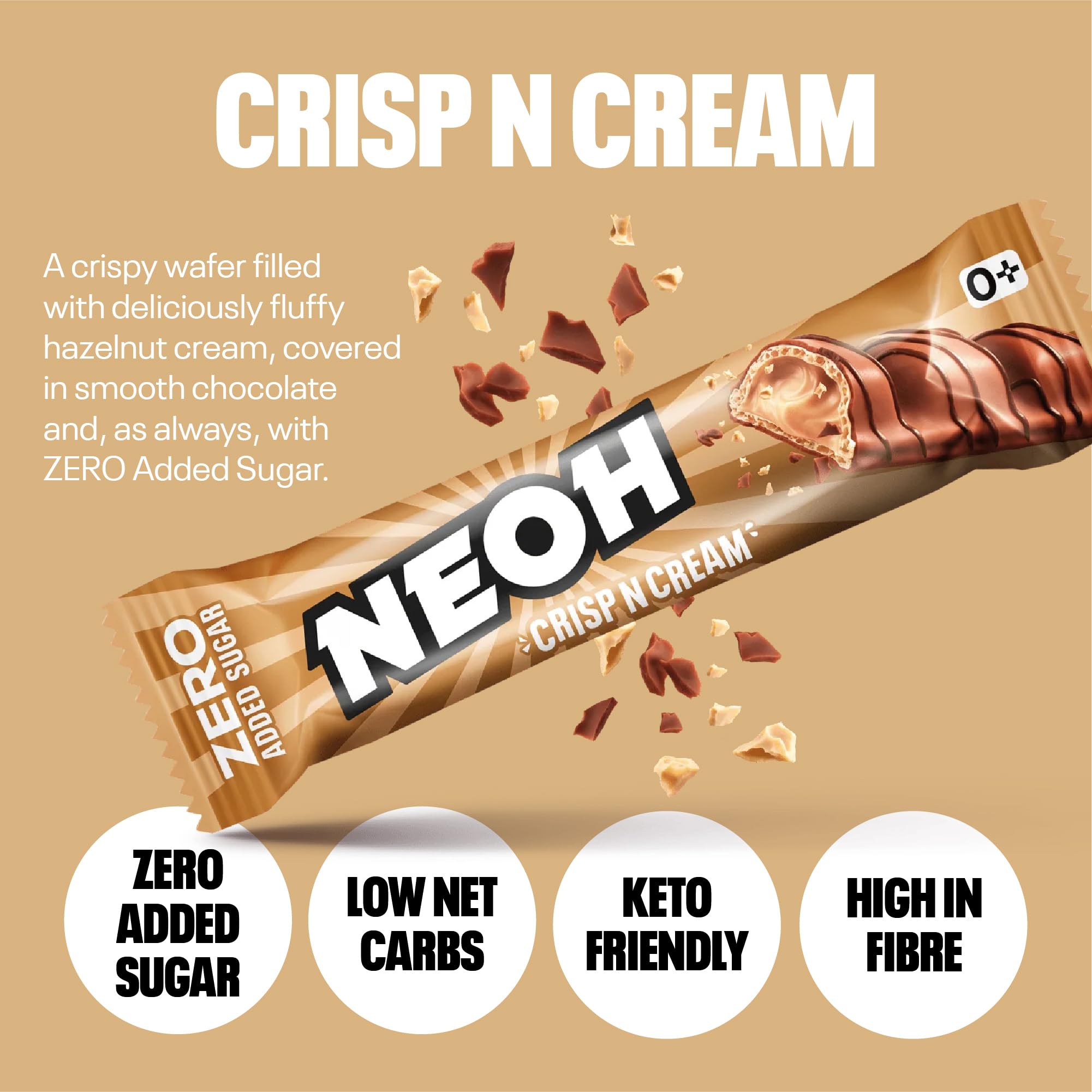 NEOH Zero Added Sugar Crisp and Cream, Milch-Haselnuss-Creme mit Kakaoüberzug, Vegetarisch & Low Carb, 3g Nettokohlenhydrate pro Portion, Die gesunde Alternative, 20x22g Crisp n Cream - 4