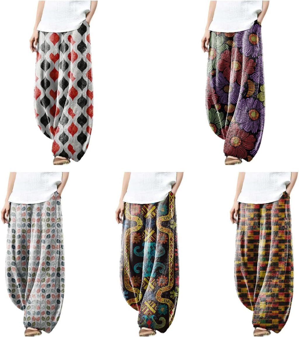 Wide Leg Linen Pants for Women Comfortable Breathable Pants with Pockets Vintage Elastic Waist Pants for Women
