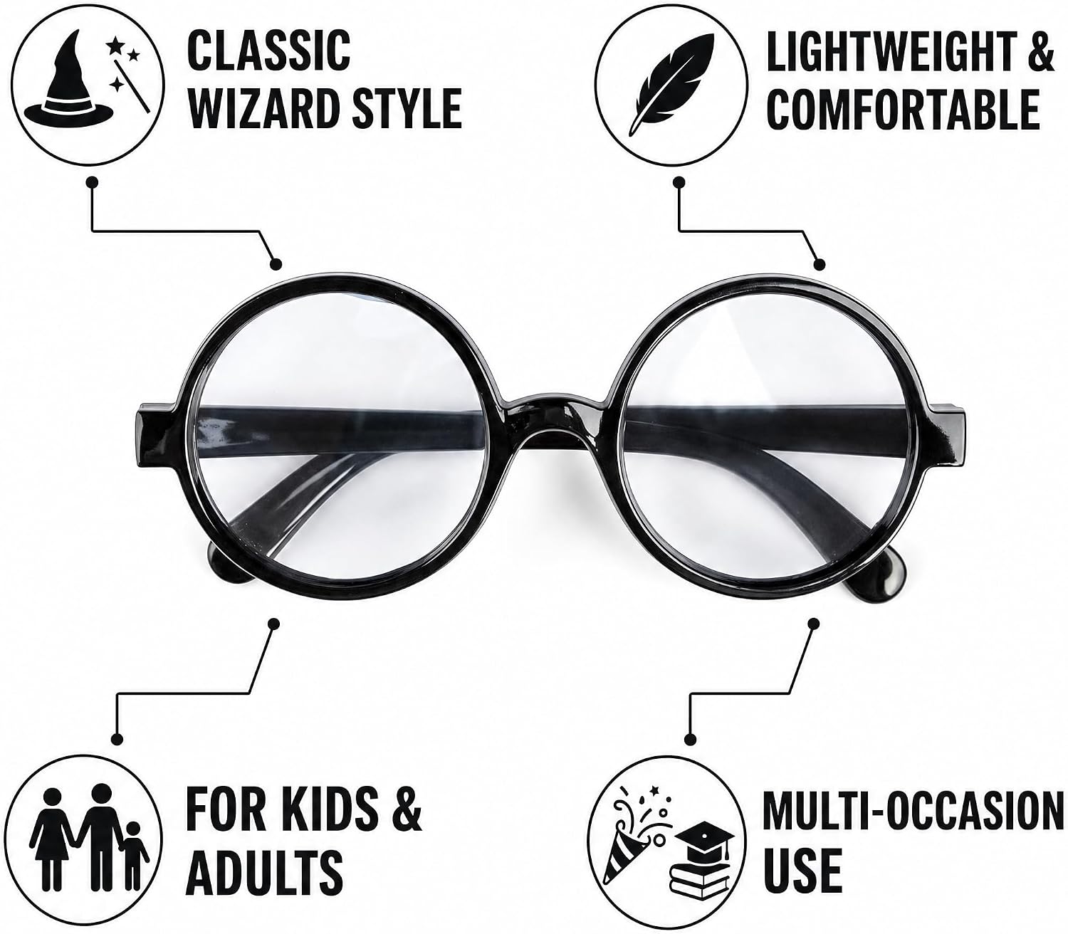 Round Wizard Glasses, Black Circle Nerd Costume Eyeglasses for Kids and Adults, Halloween Costume Accessories, Cosplay Dress Up, Party Props, Classroom Role Play and School Events