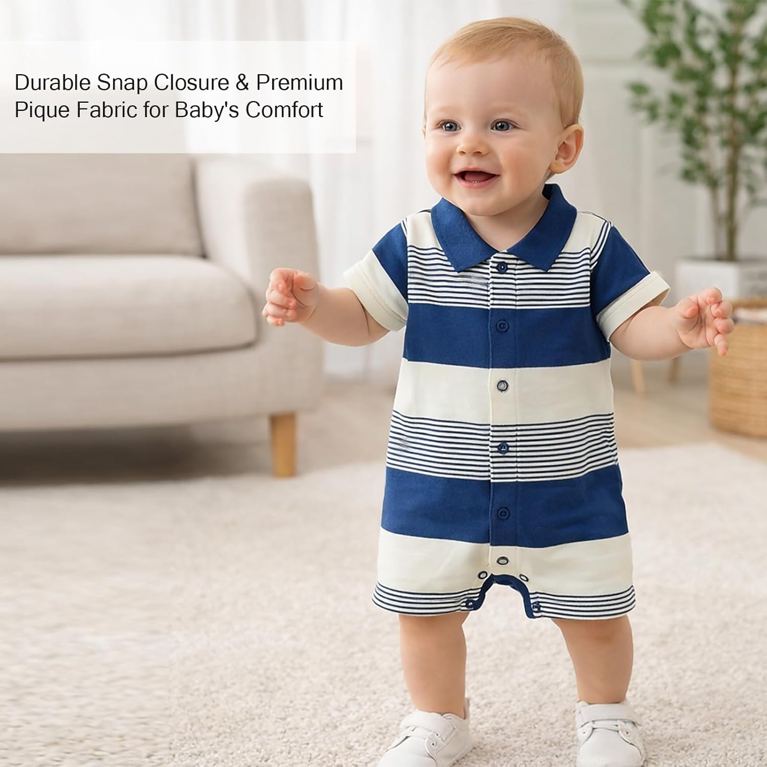 DEFAHN Baby Boy Polo Striped Rompers Pique Short Sleeve Collared Gentleman Outfit One Piece Summer Infant Clothes 0-24 Months
