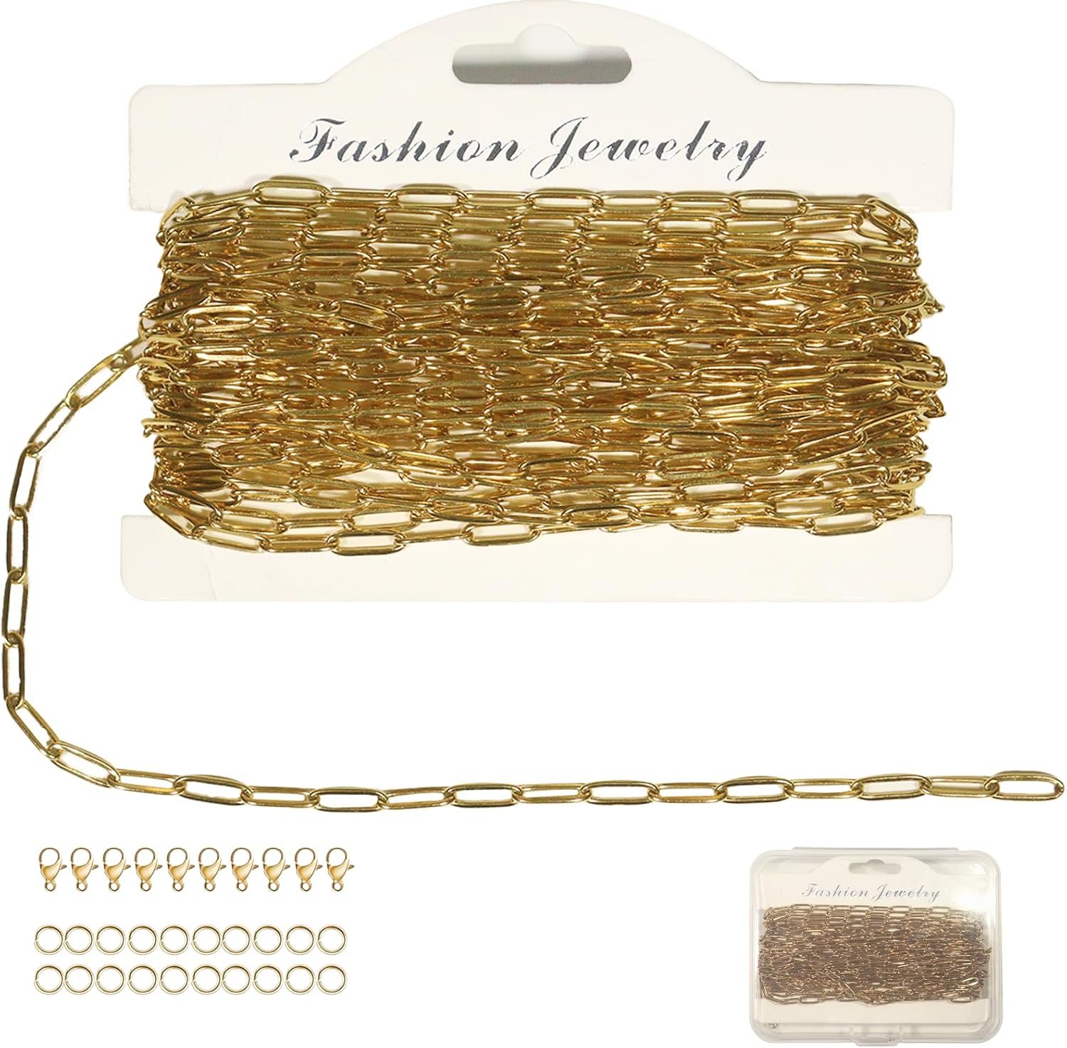 19.7FT 18K Gold PVD Plated Paperclip Chain Roll for Jewelry Making, Includes 10PCS Lobster Clasps and 20PCS Jump Rings, 3mm Gold Filled Chain for Necklace Bracelet DIY Craft Kit