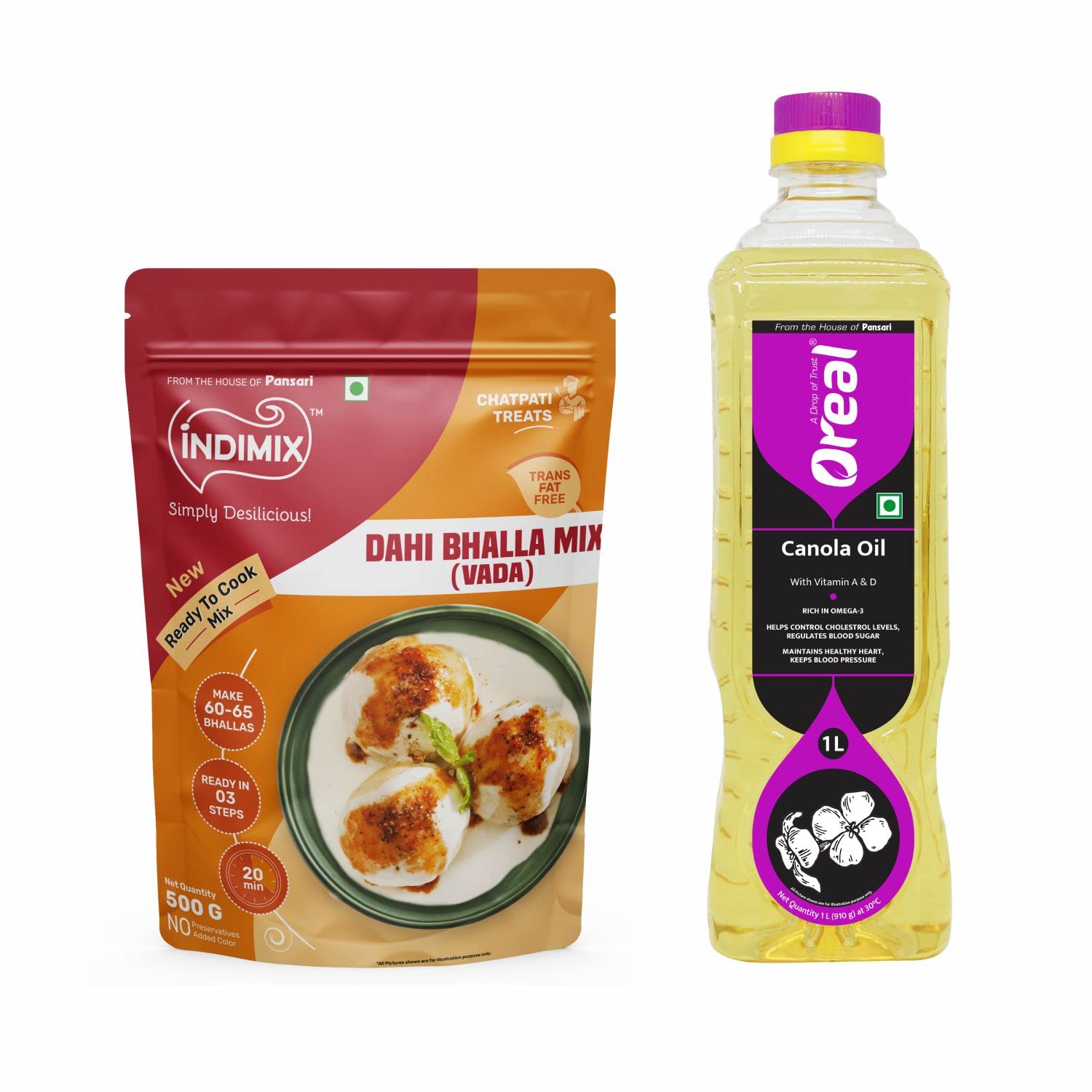 INDIMIX Combo Dahi Bhalla Mix 500g x 2 and Oreal Canola Oil 1L for Cooking | Natural | Rich in Natural Anti Oxidants - Set of 3