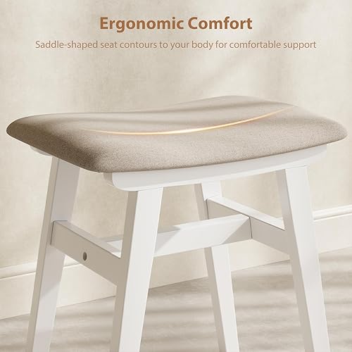 Miniatura 5 de Taburete de tocador de madera maciza, silla de maquillaje compacta con cojín de sillín, asiento de esponja de alto rebote cubierto de lino, taburete