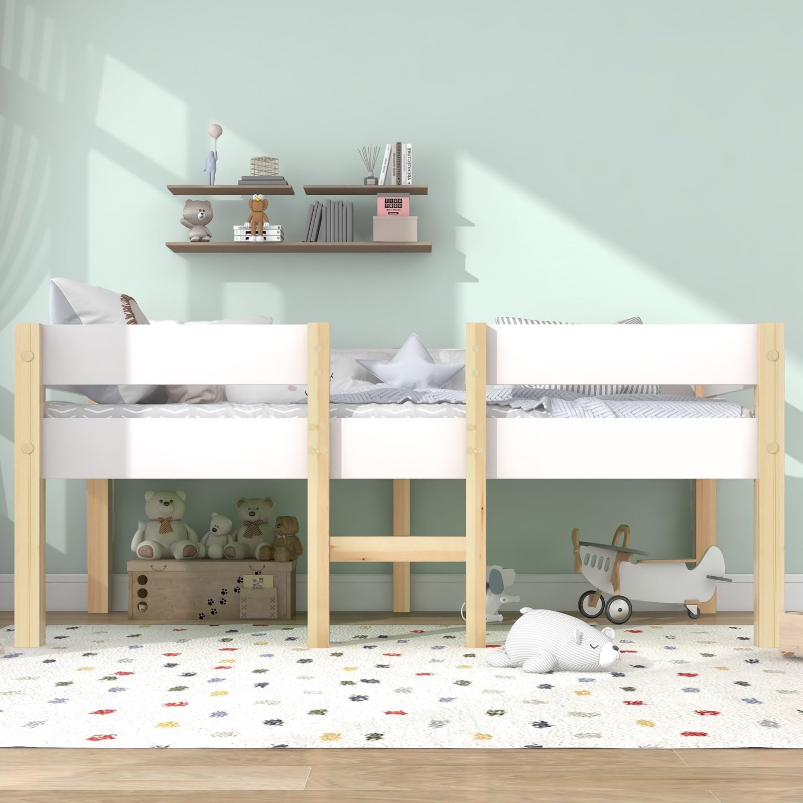 KOMHTOM Lit d'enfant en Mezzanine avec Clôture de Sécurité et Rangement sous lit,Cadre de lit avec Sommier à Lattes en Bois(sans Matelas) (90x190CM)