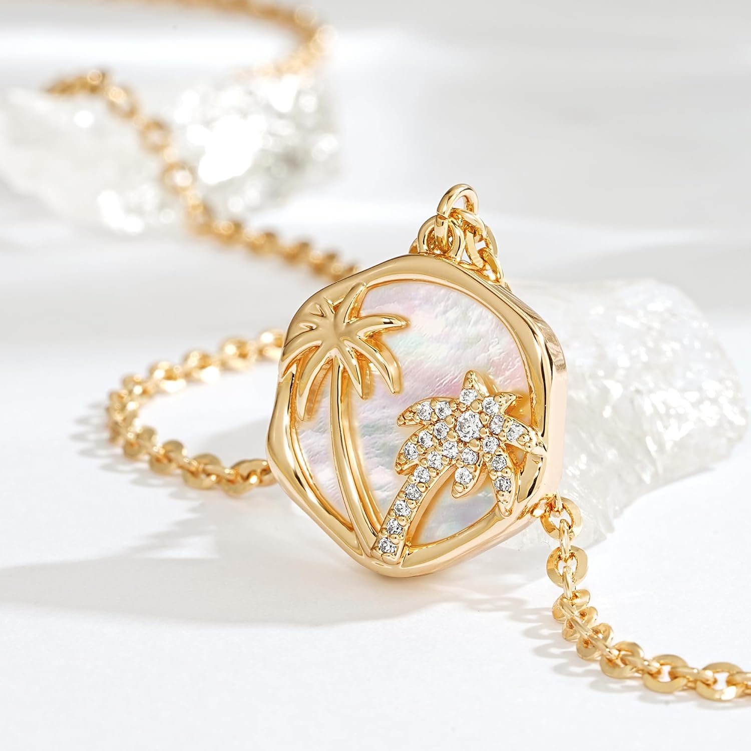 Fettero 14K Gold Plated Necklaces for Women Dainty Mother of Pearl Pendant, Love Heart | Palm Tree | Compass | Cross Charm MOP Gold Necklace Jewelry Gift - Image 5