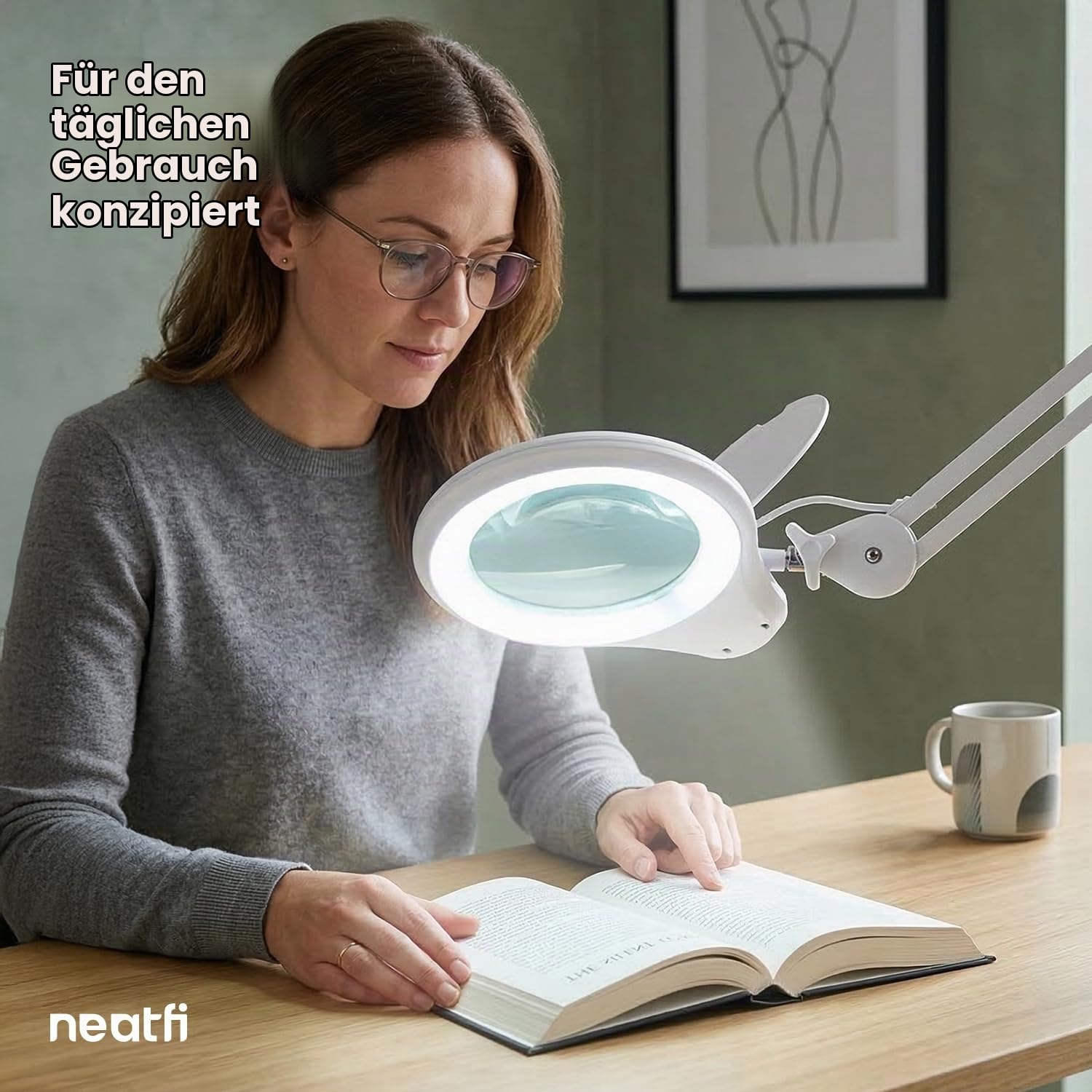 Neatfi LED-Lupenlampe mit Klemme, 1.200 Lumen – 12,7 cm 8-Dioptrien-Glaslinse, dimmbares Arbeitslicht | Verstellbarer Arm | Lesen, Nähen & Basteln (Weiß, 8 Dioptrien)
