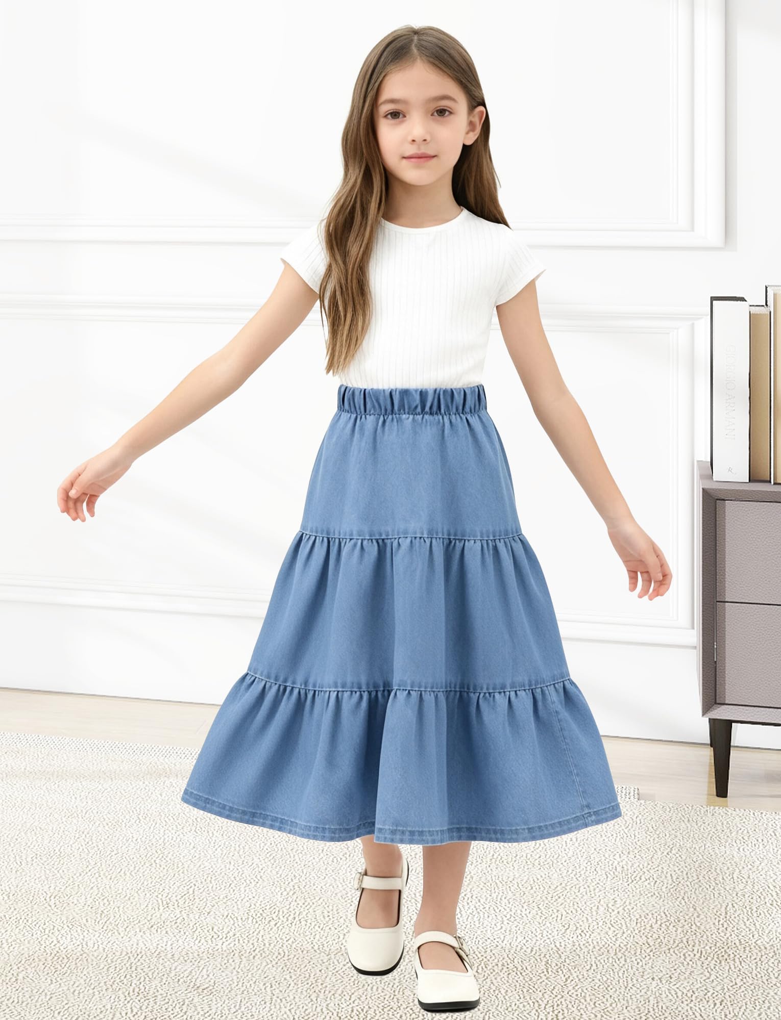 Gonna in denim elastica a vita alta con pieghe a balze a balze lunga swing maxi gonna di jeans vintage per bambini
