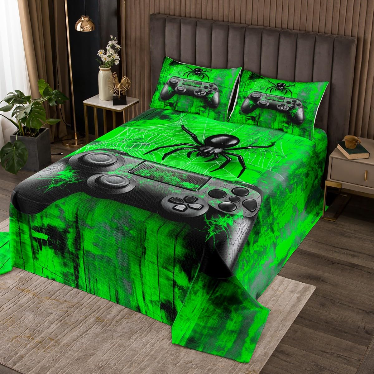 Manfei Gamepad Kids Bedspread King Size,Spider Web Halloween Theme Coverlet Set,Boys Girls Room Decor,Tie-dye Graffiti Videogaming Controller Quilted Coverlet,Green Bedding Quilt,2 Pillowcases