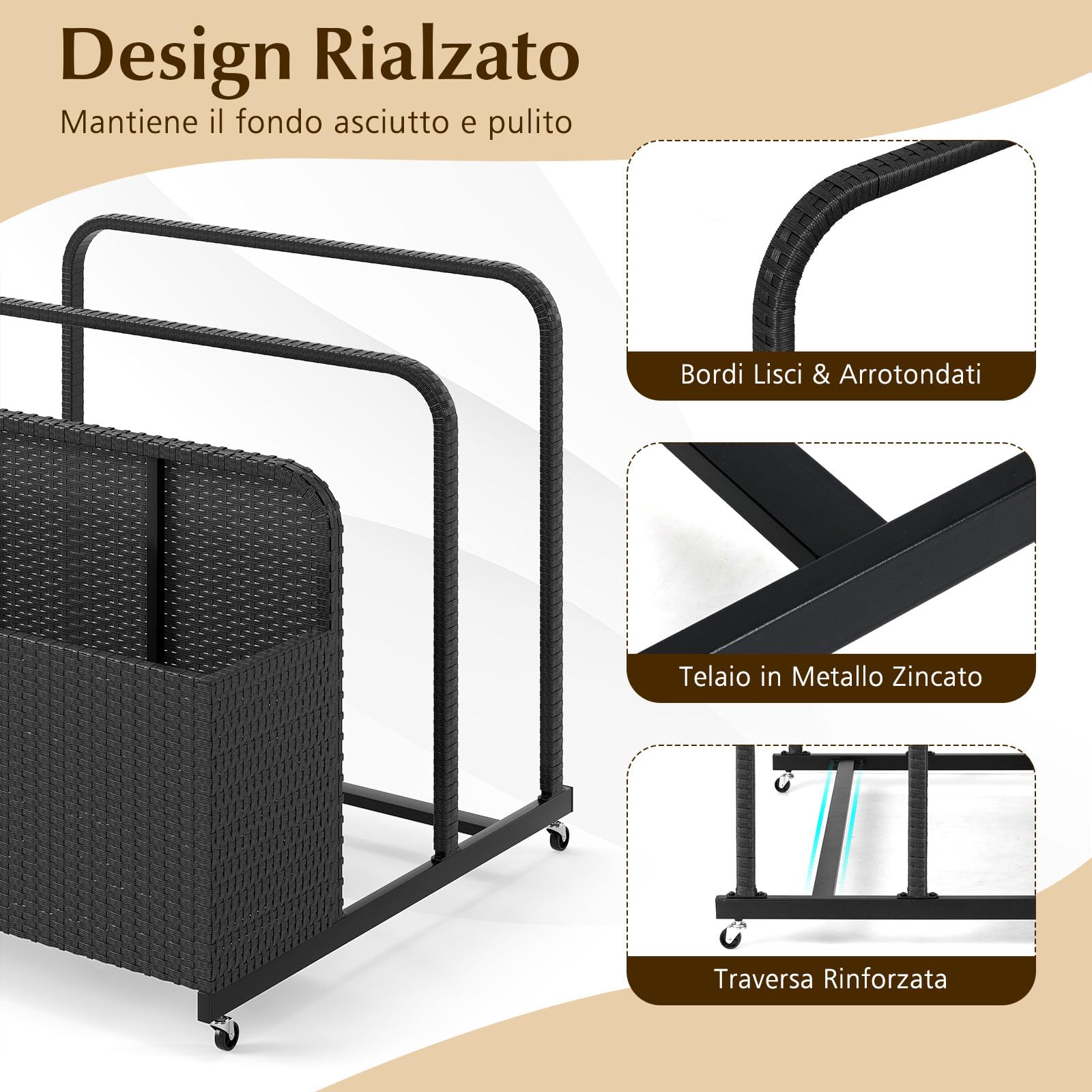 COSTWAY Carrello Archiviazione per Piscina in Rattan PE, Contenitore Esterno Impermeabile con 2 Portasciugamani e 4 Ruote, Portacoperte Giardino per Boe, Salvagenti, Cuscini e Asciugamani (Nero)
