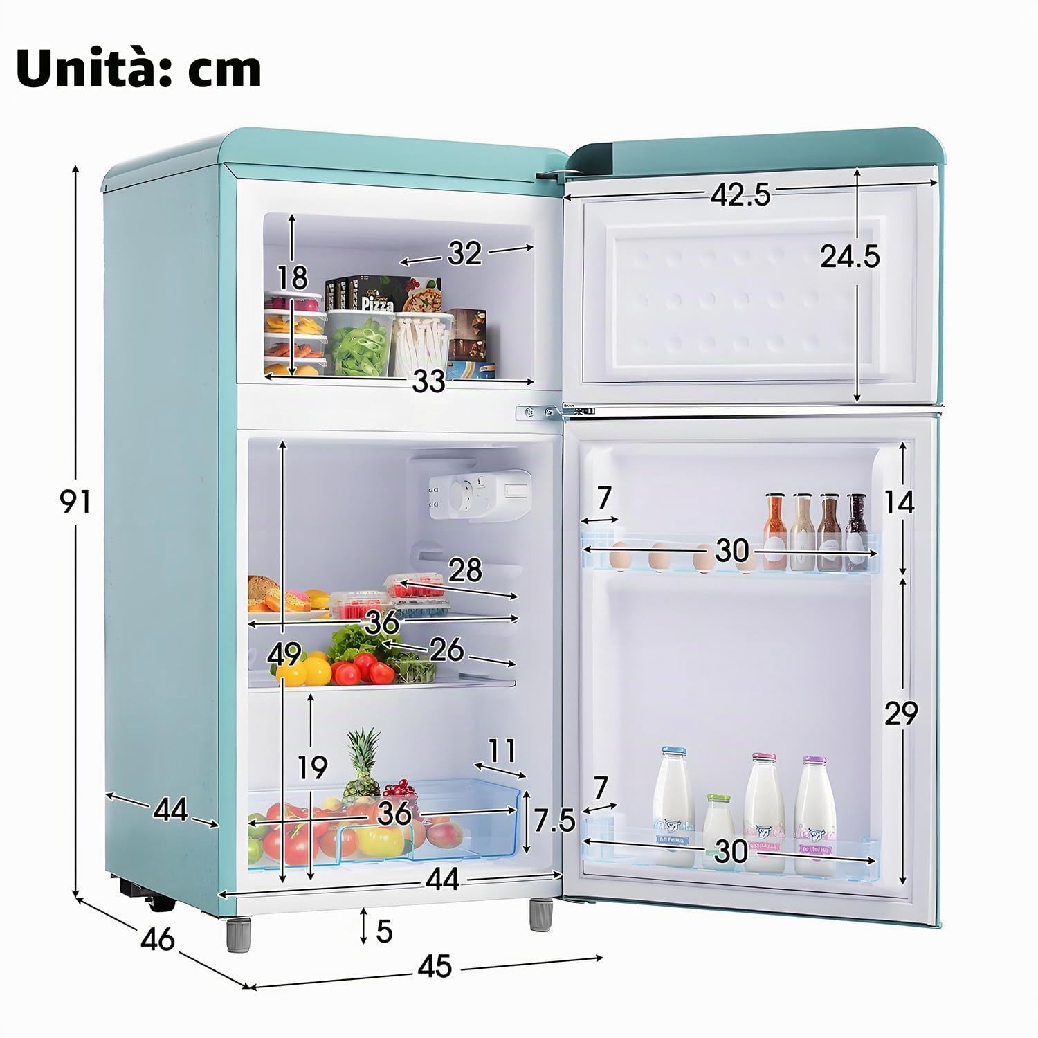 Combinazione frigorifero-congelatore retrò: due porte, altezza 86,8 cm, larghezza 45,5 cm, piccolo frigorifero, volume totale 60 litri, silenzioso, 120 kWh/anno,Blue