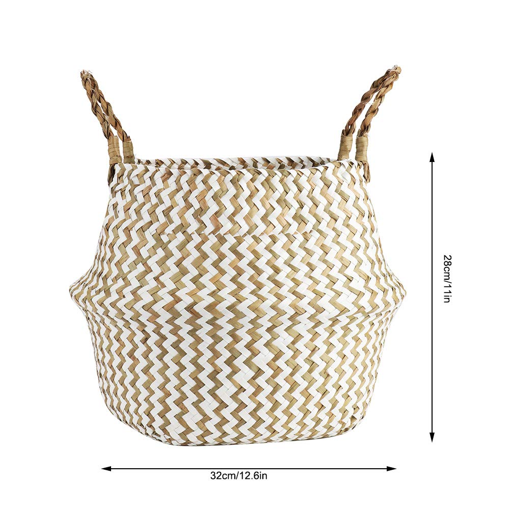 Botaniczny tkany kosz do przechowywania z trawy morskiej |Składany organizer na ubrania do prania/zabawek/pikniku |Eco - Świadomy, solidny kosz z uchwytami |Zakrzywiony wzór (White (wavy pattern))