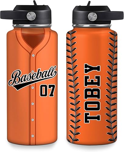 Vista 12 de Hyturtle Botella de agua de béisbol personalizada, botella de acero inoxidable aislada de viaje con tapa a prueba de fugas, 18 onzas, 32 onzas
