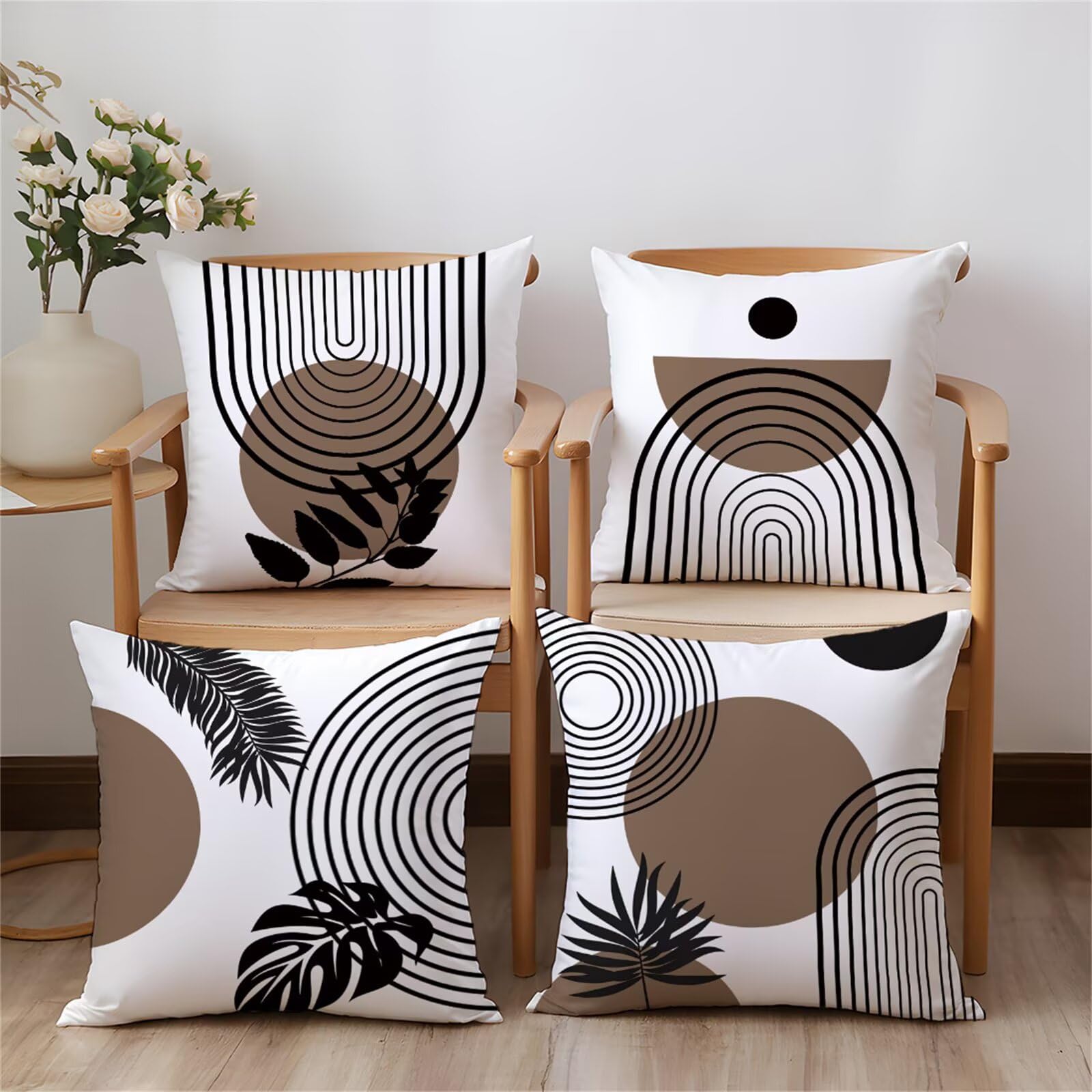 Housses de coussin 60x60 cm lot de 4 en lin à rayures marron et noir pour canapé moderne