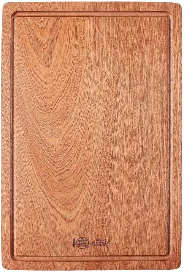 MITSUMOTO SAKARI Japanese Sapele Wood Cutting Board with Juice Groove - 17.7 x 11.8 Inch Kitchen Chopping Board for Meat, Vegetables & Cheese, Natural Textured, Dual Hand Grips
