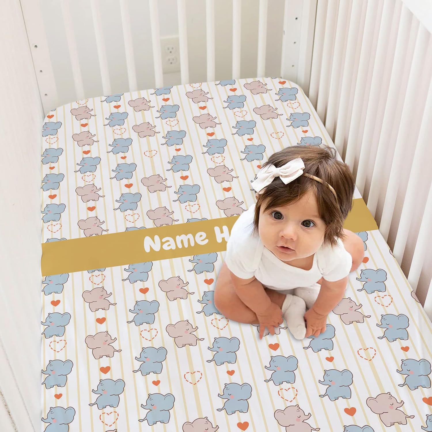 Personalized Cute Little Elephant Cars Baby Crib Sheets with Name, Custom Pack and Play Sheets for Baby Girls Boys, Crib Mattress Sheets, Fitted Crib Bedding Sheets, Mini Crib Sheet | Name Crib Sheets