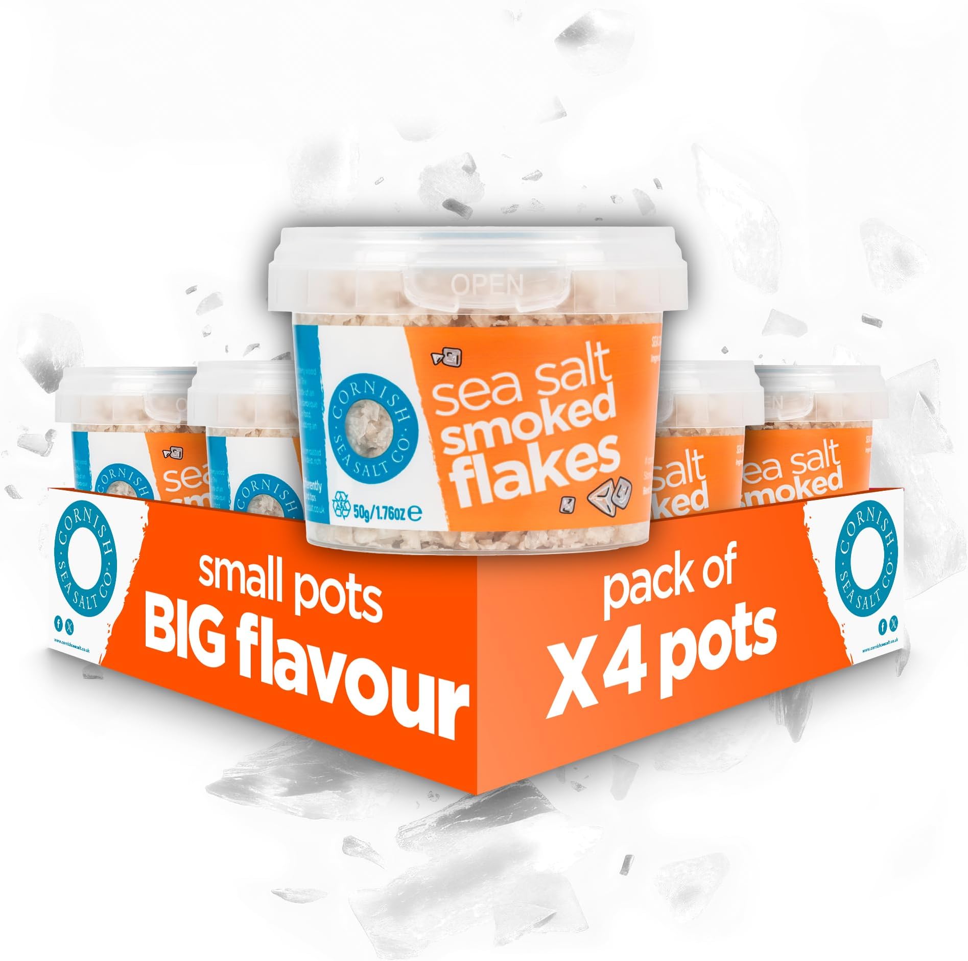 Cornish Sea Salt - Smoked Flakes - Mineral Rich Celtic Sea Salt Hand Harvested in Celtic Waters - Herbs, Spices & Seasonings - Spices for Cooking, Kitchen Accessories - 4 x 50g