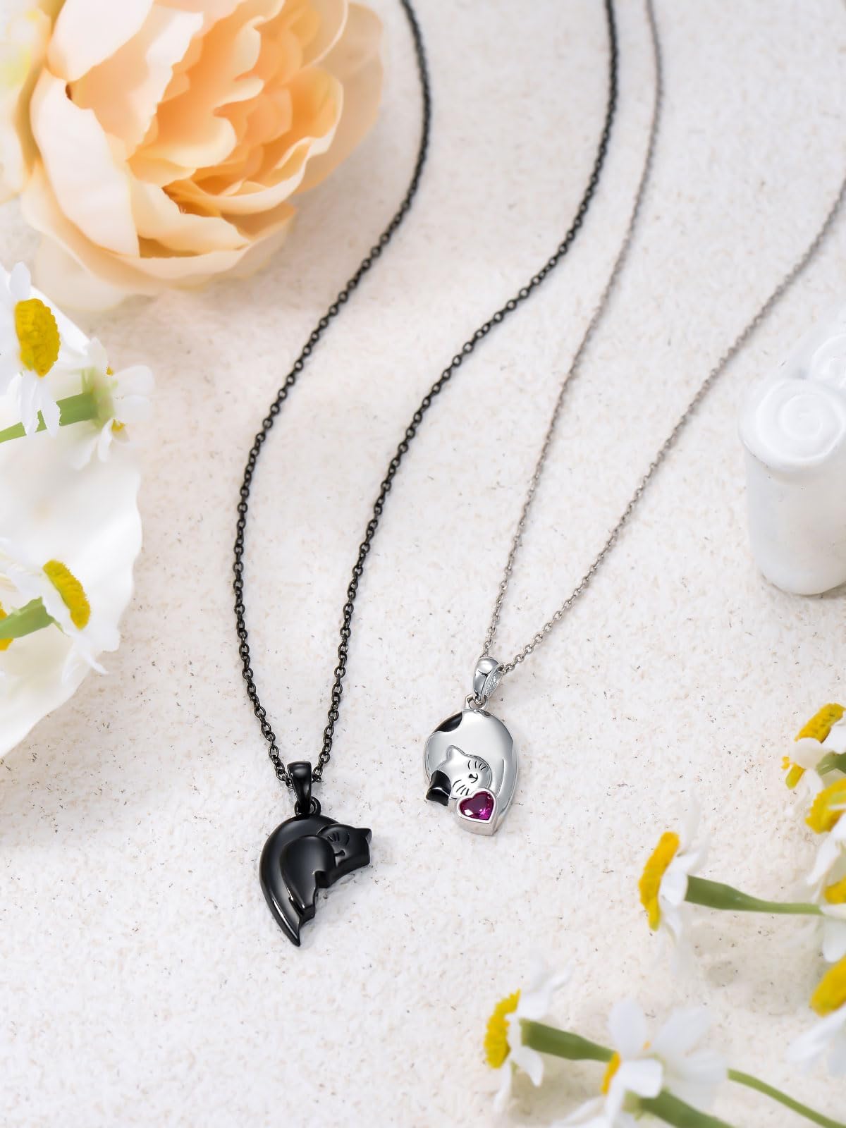 Matching Cat & Love Arrow Sterling Silver Cute Couples Heart Necklaces - Gifts for Couples: Couple Cat-July Birthstone