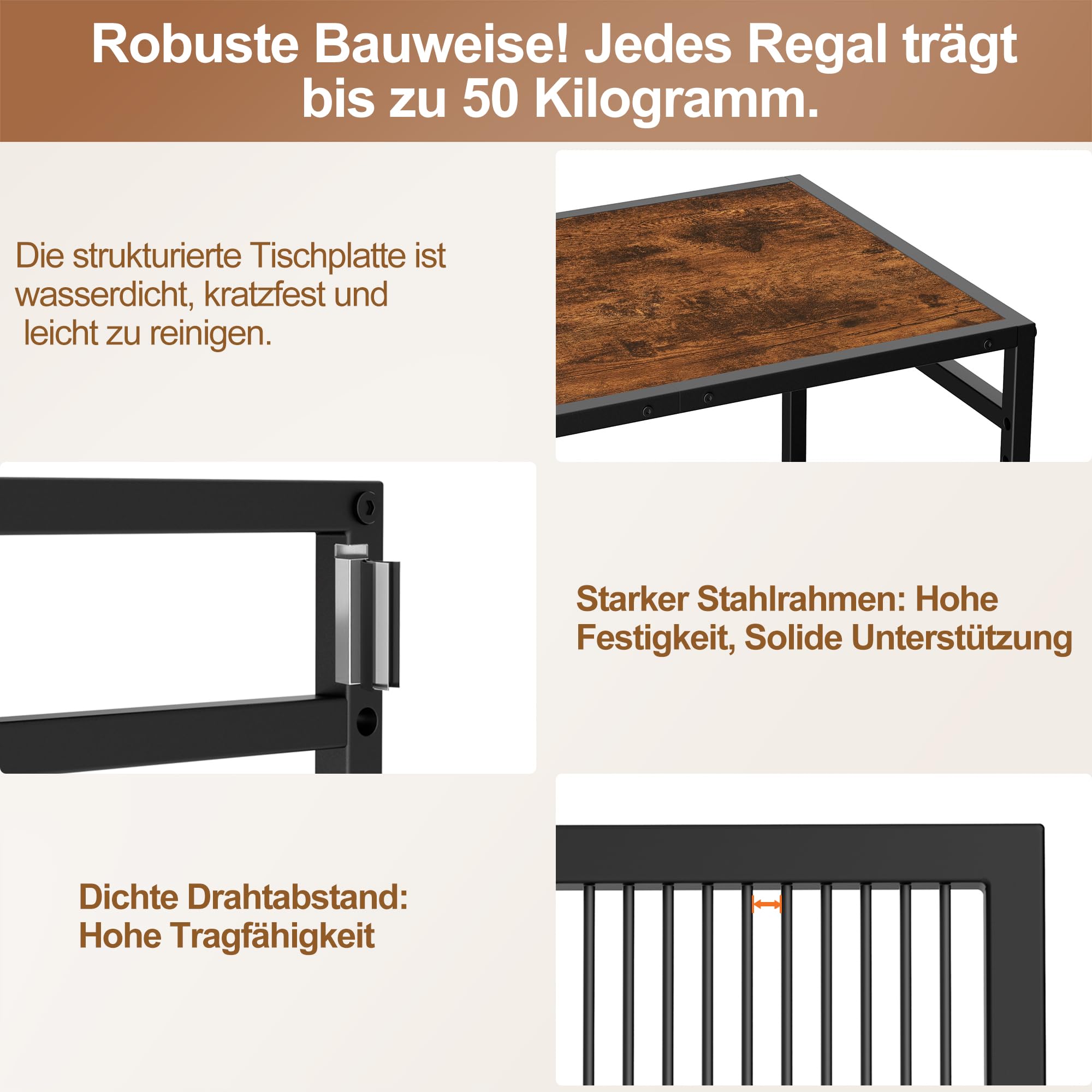 Küchenwagen, Mehrzweck Rollwagen Kuchenrollwagen mitjustierbaren Ablagen,Metallgestell & Industrial-Rollen,(schwarzes Gestell + braunes Panel, 3 Ebenen (40 x 60 x 84.7 cm))