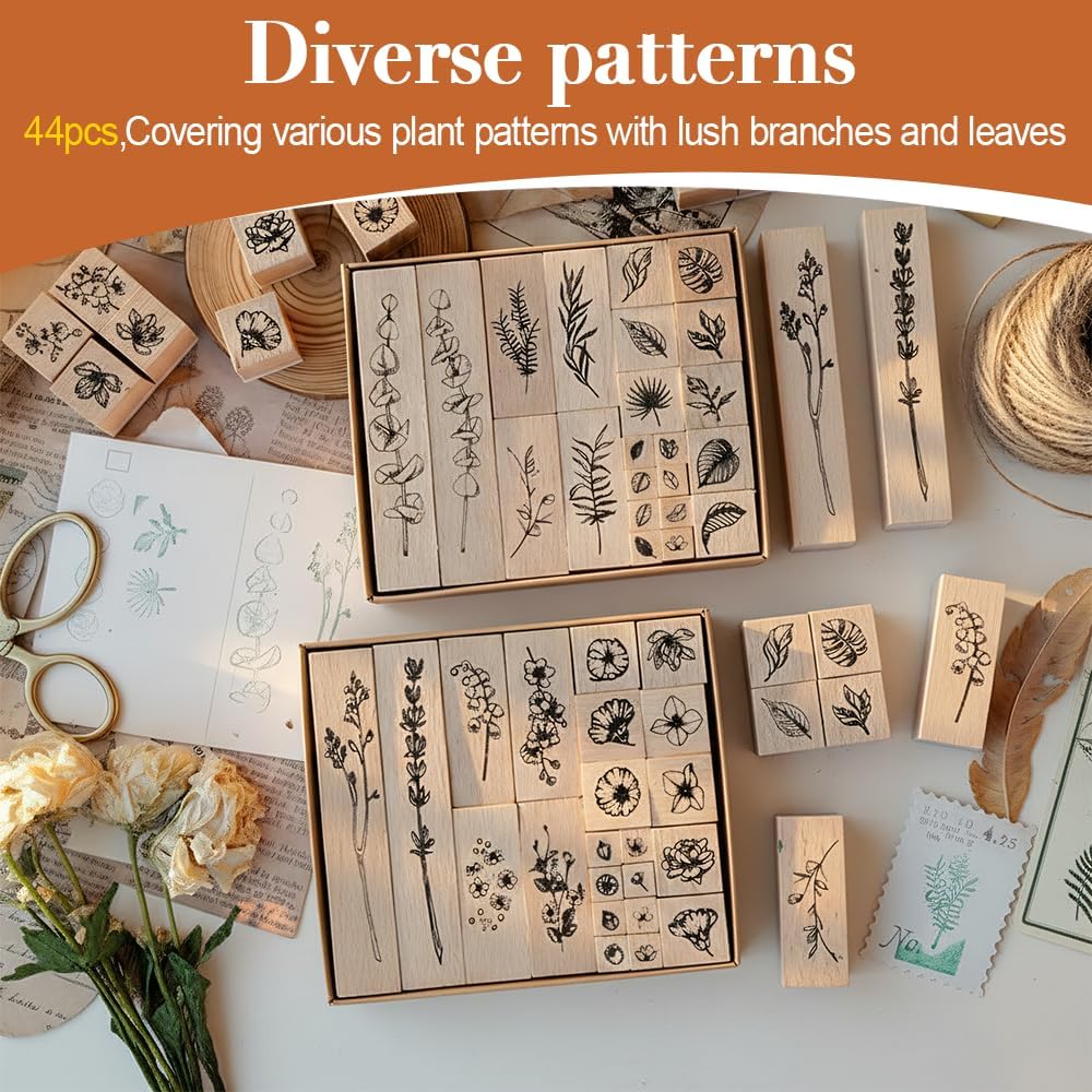 22PCS Floral Botanical Rubber Stamps, Natural Wood Stamp for Journaling DIY Cards Scrapbooking, Nature Inspired Craft Supplies