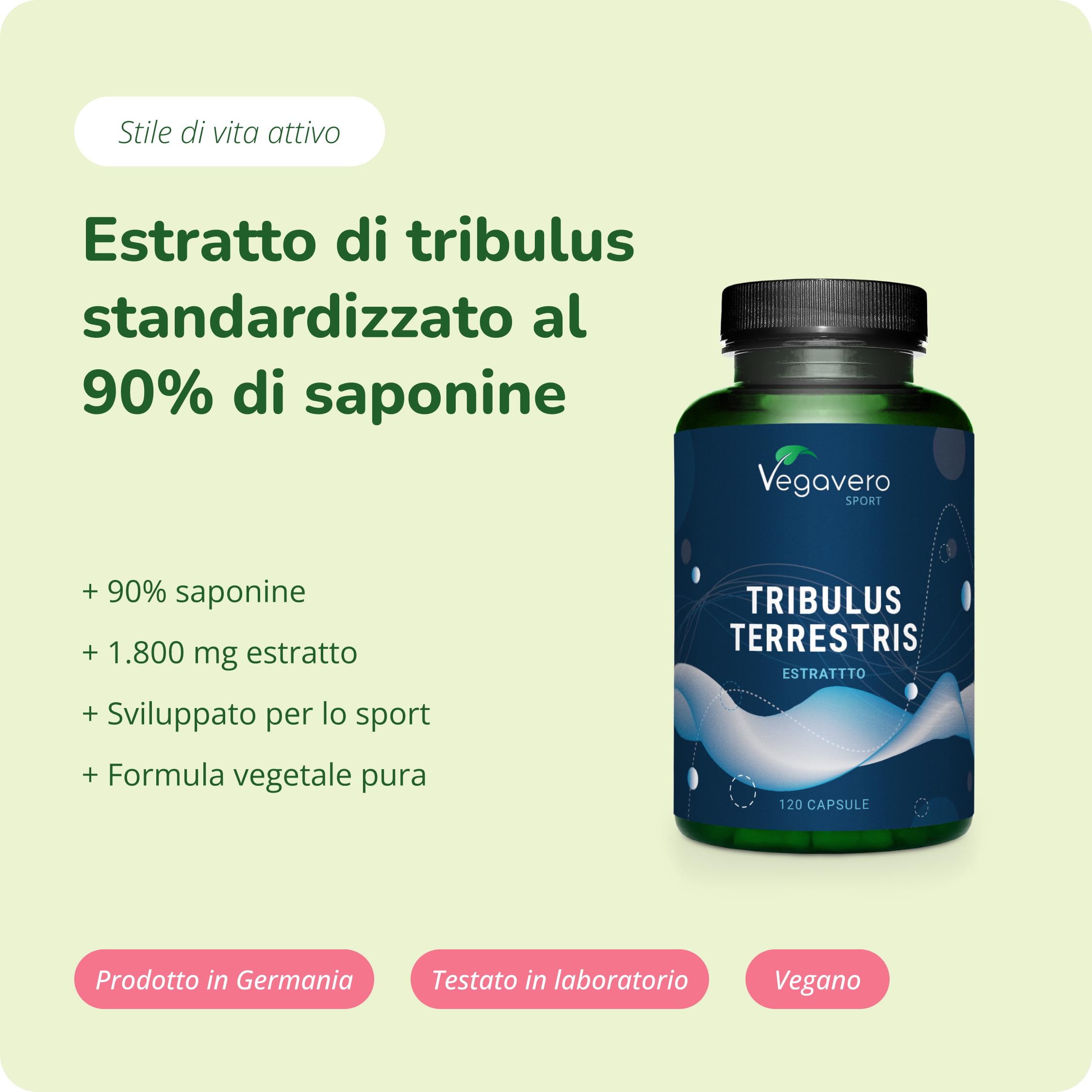 Tribulus Terrestris Vegavero | 90% di Saponine | 100% Naturale e Senza Additivi | No OGM e Testato in Laboratorio | 120 capsule | Vegan