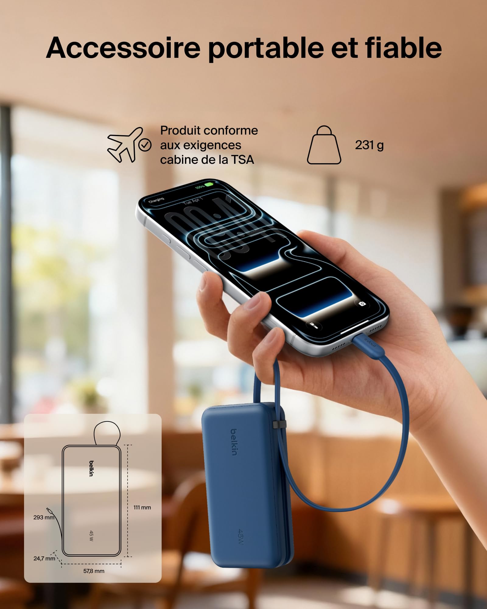 Belkin UltraCharge Batterie Externe 10K avec Câble USB-C Et Écran - Bleu