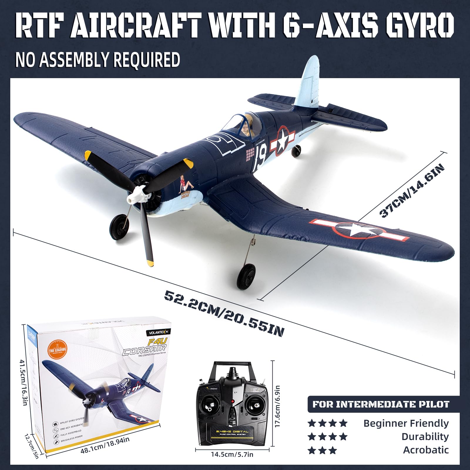 Leamn Brushless 4CH RC Plane F4U 500mm Remote Control Airplane,6-axis Gyro RC Airplane,3 Modes & Aerobatics,RTF Fighter with 2 Batteries,2.4GHz Radio Controlled for Adults&Beginners