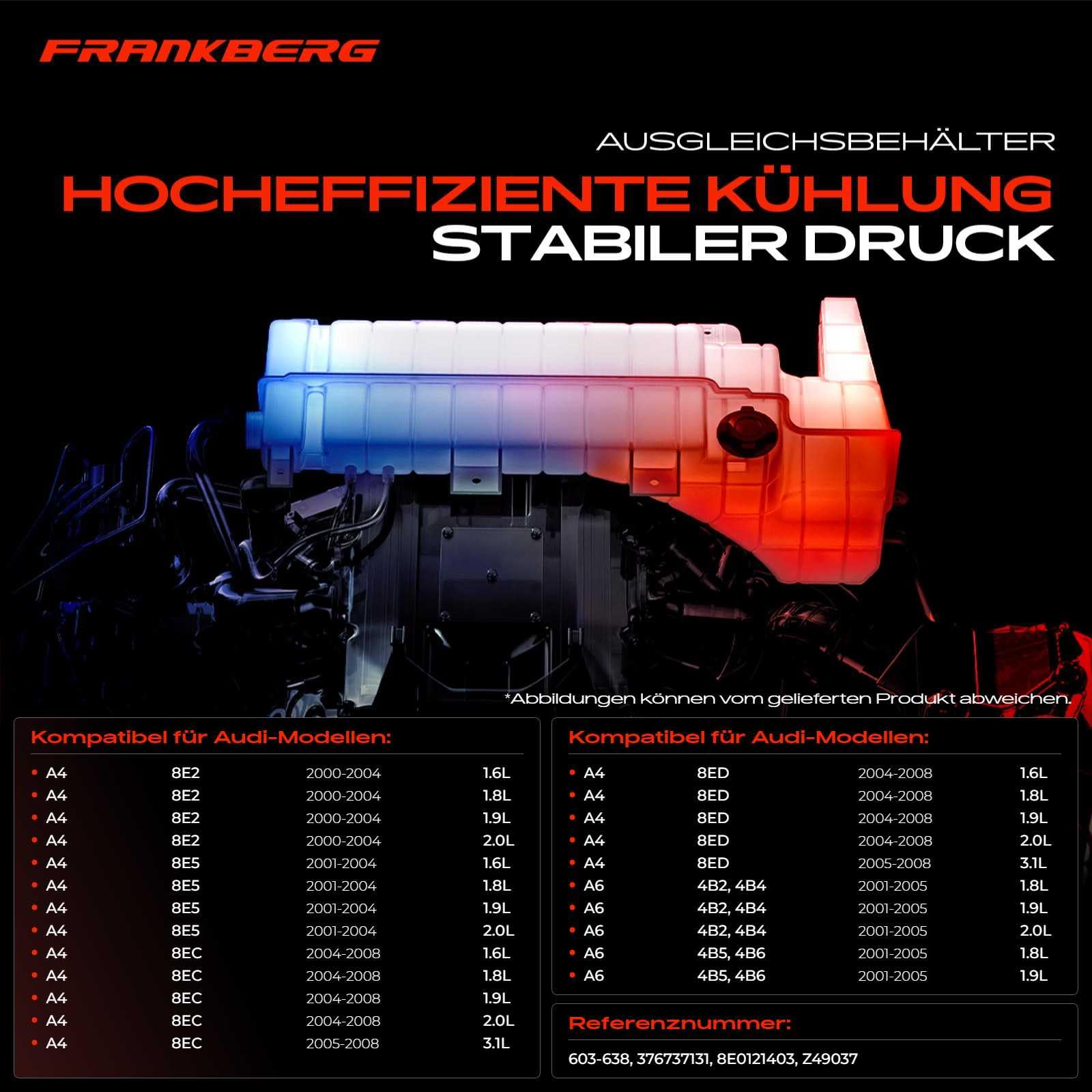 Frankberg Ausgleichsbehälter Kühlmittel Kompatibel mit A4 8EC B7 8E2 B6 Avant 8ED B7 8E5 B6 A6 4B2 C5 Avant 4B5 1.6L-3.2L 2000-2008 8E0121403