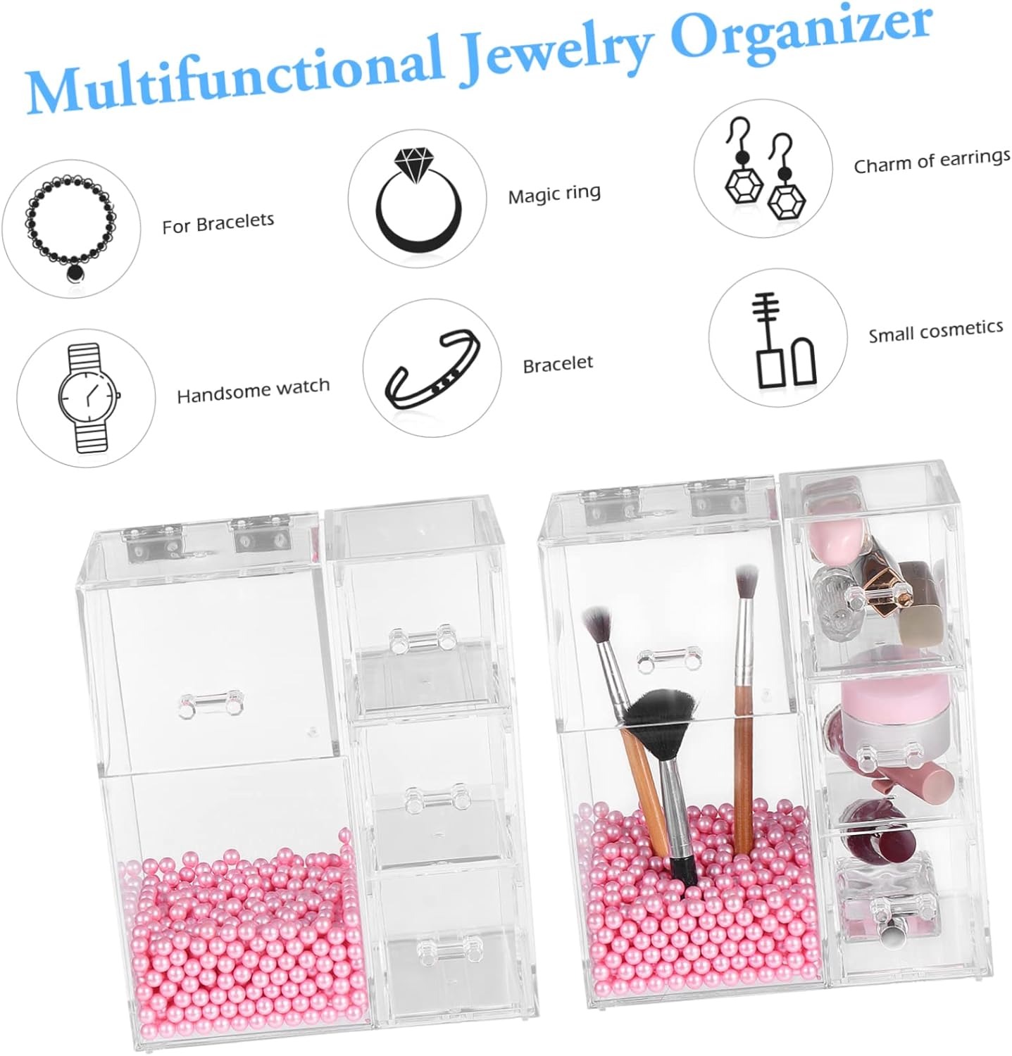 Makeup Brush Organizer Desktop Storage Case with Pearl Detail Cosmetics Display Case Makeup Storage Organizer Multifunctional Cosmetic Storage Box with Lid