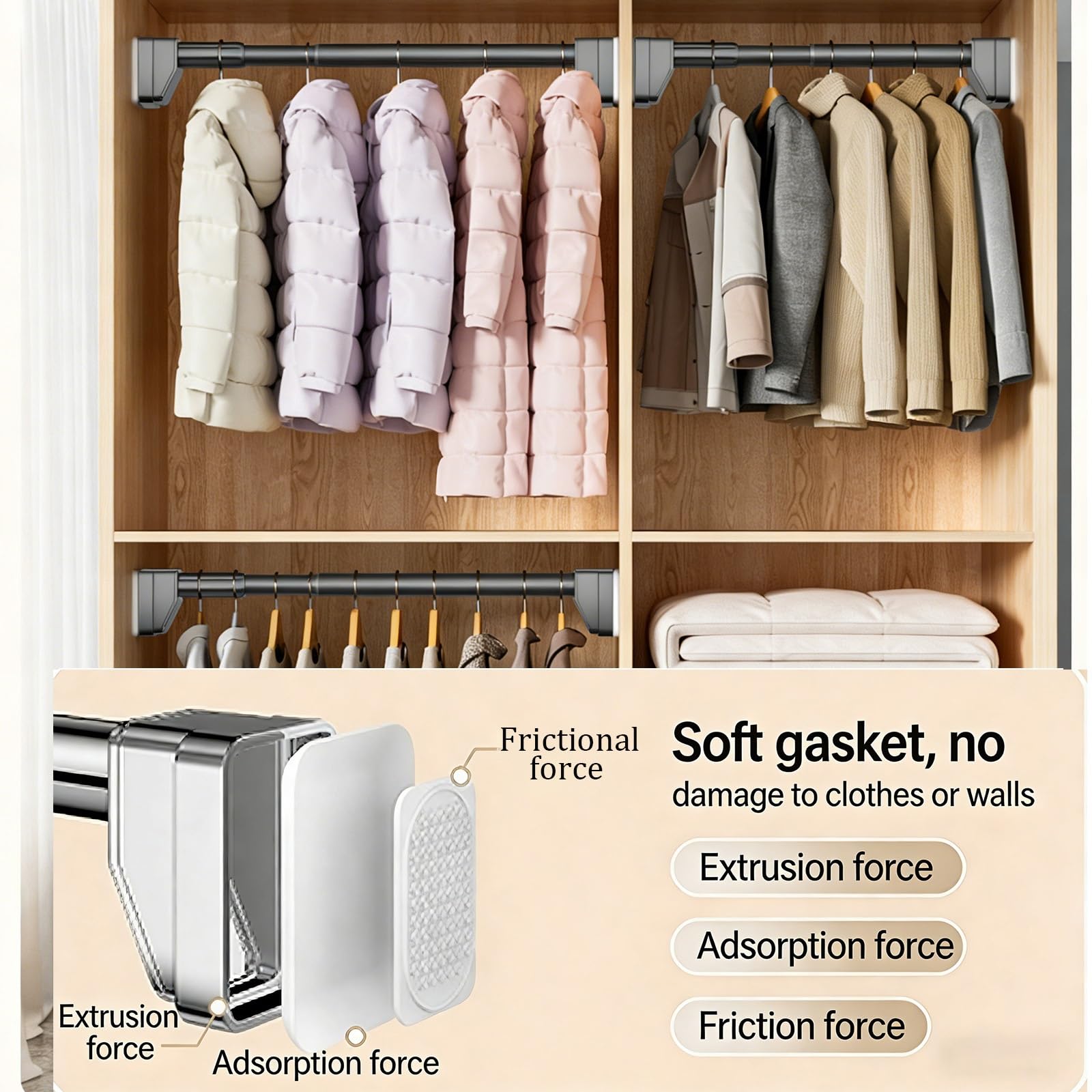 Gardinenstange ohne Bohren, Duschstange zum klemmen Edelstahl, Spannstange Verstellbare 40-500cm, Teleskopstange Rutschfest Rostfrei für Fenster Badezimmer Schränke Türen(Edelstahl,410-500cm)