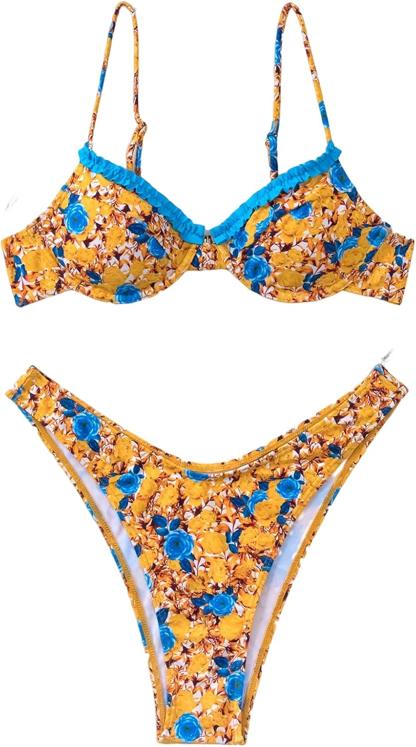 Floerns Women’s Floral Frill Trim Underwire High Cut Two Piece Bikini Swimsuit