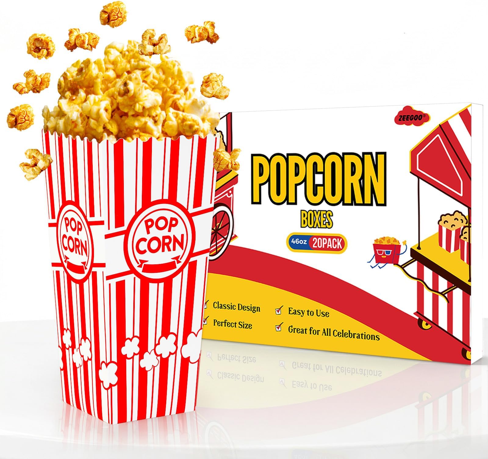 Popcorn Boxes, 20 Pack 46oz Large Capacity Popcorn Bucket, Sturdy Grease-Resistant Paper, Fast Assembly, Movie Night Supplies for Kids Birthday Party, School Fundraisers, Church Events