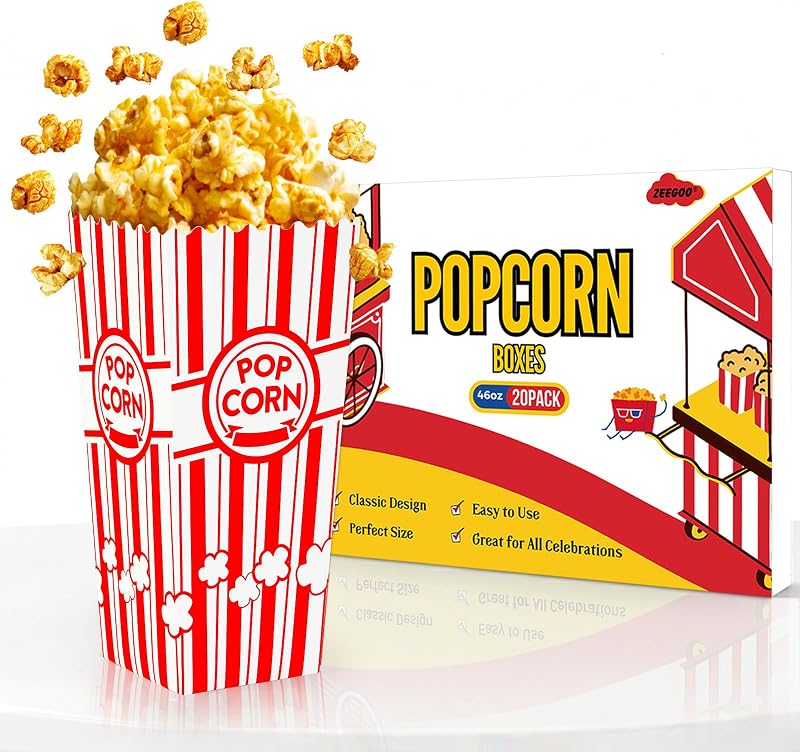 ZEEGOO Popcorn Boxes 20 Pack, 46oz Popcorn Buckes, Sturdy & Durable | 250gsm Food-Grade Grease-Resistant Paperboard, Easy Fold, 6-Cup Capacity, 7.9" Tall, Recyclable, for Movie Night & Party