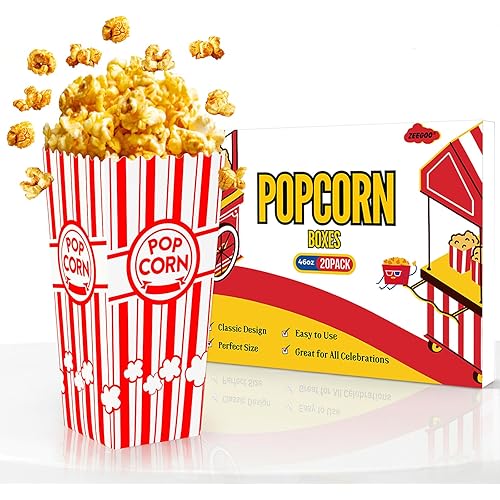 ZEEGOO Popcorn Boxes, 20 Pack 46oz Large Capacity Popcorn Bucket, Sturdy Grease-Resistant Paper, Fast Assembly, Movie Night Supplies for Kids Birthday Party, School Fundraisers, Church Events