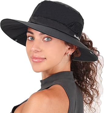 Womens Summer Sun Hat Beach Hat Wide Brim Outdoor UV Protection Hat Packable Mesh Bucket Hat with Ponytail Hole