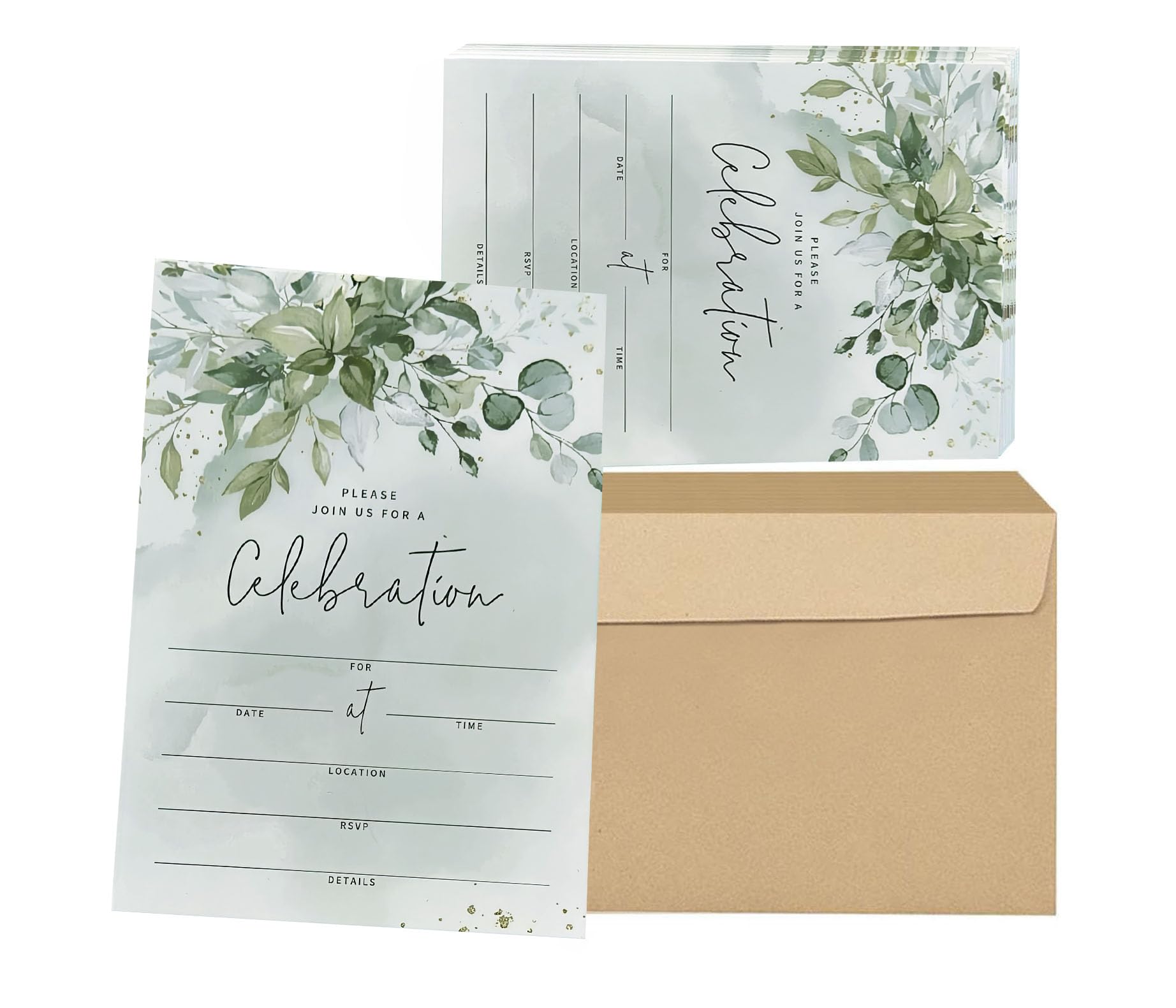 Wedding Invitations cards with Envelopes,50 Pcs Green Leaves Party Invitesβ