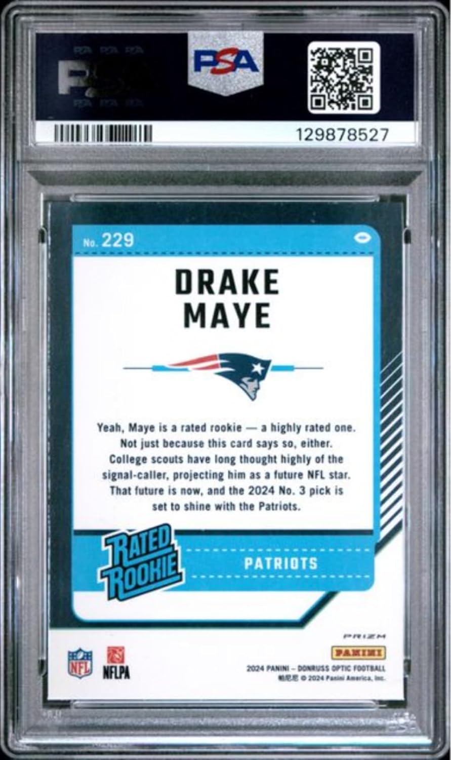 Graded 2024 Panini Donruss Optic Drake Maye #229 Green Hyper Rookie RC Football Card PSA 10 Gem Mint
