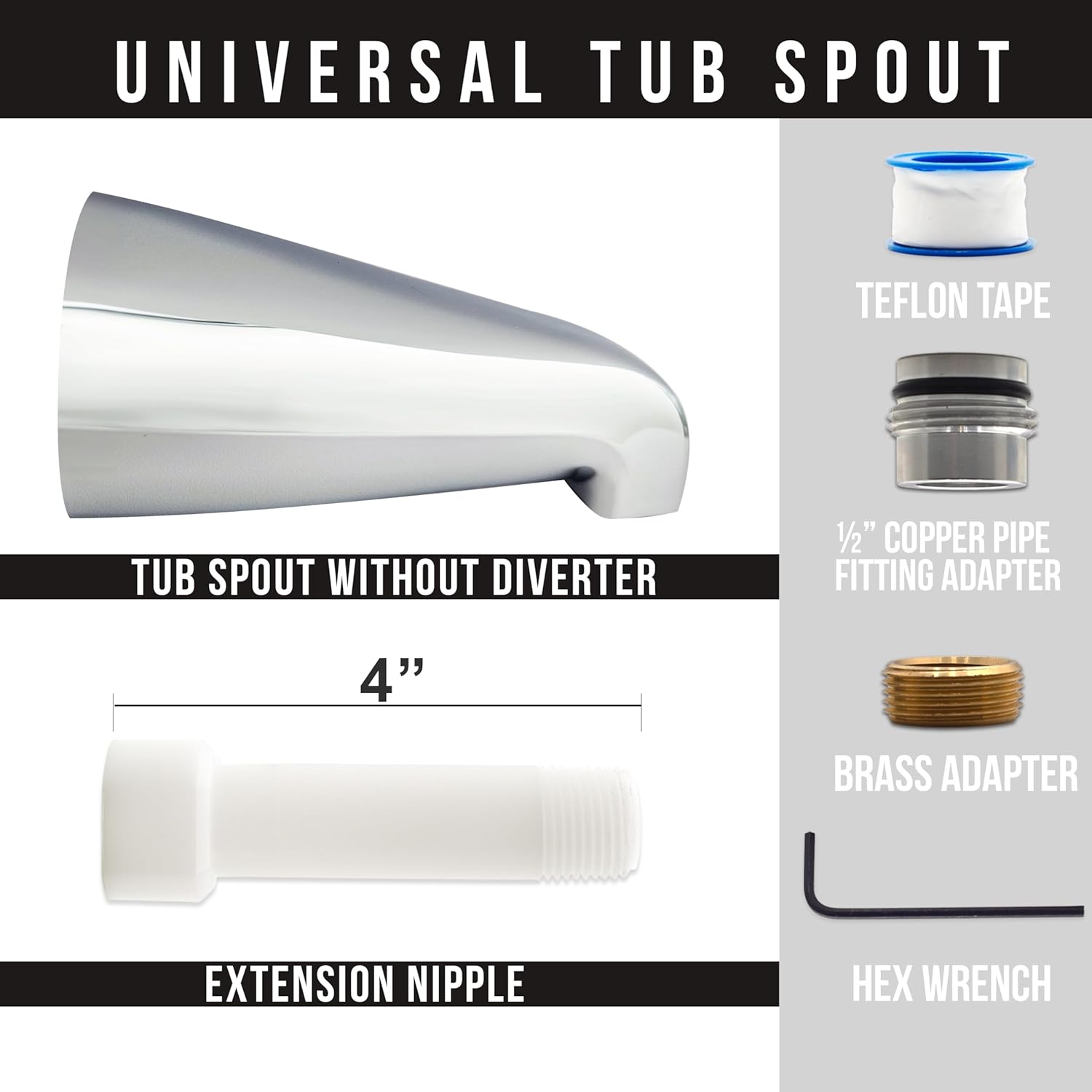 Westbrass CO531U-26 Universal Fit 5-1/4" Wall Mount Tub Spout and Tip-Toe Drain Trim Kit, Polished Chrome