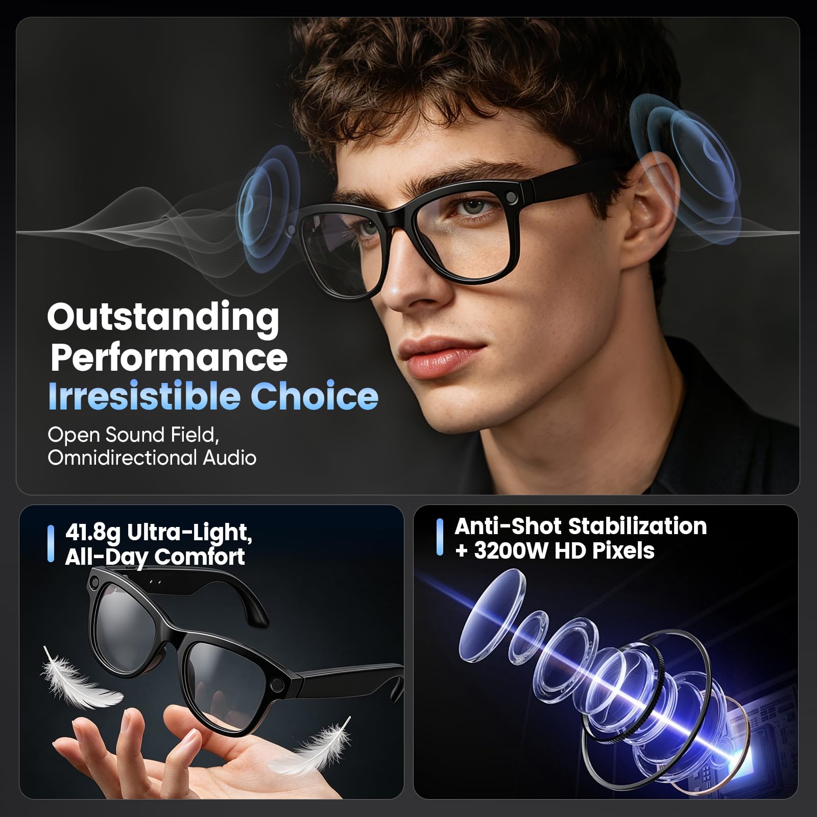 AI Smart Glasses, gafas con cámara 1200P HD con sonido abierto y batería de 24 horas, gafas AI con control por voz y diseño antiescaldaduras para tomar fotos, videoconferencias, disfrutar de la música