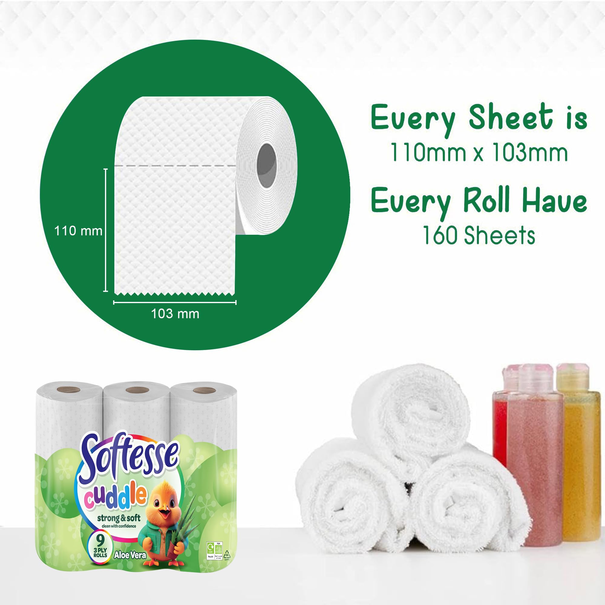 Softesse Cuddle 3-warstwowe rolki papieru toaletowego – miękki, pikowany, wytłaczany papier loo w cytrynie, o zapachu aloesu i bezzapachowej chusteczki toaletowej, dla higieny i komfortu