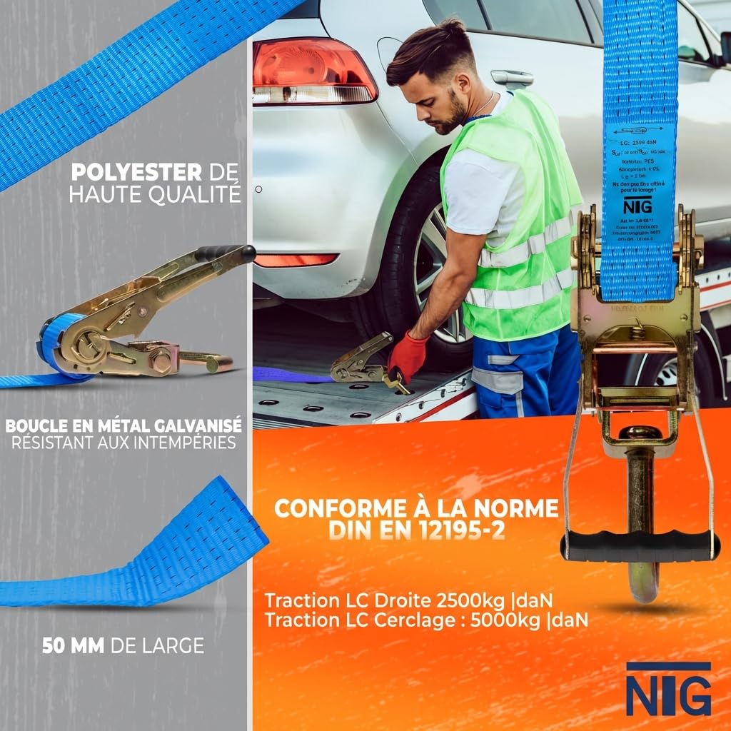 NTG 4 Pieces Set de Sangles de Transport de Voiture 2500mm de Long jusqu'a 5000kg avec Tuyau d'accrochage et Crochet de treuil | sécurité de Roue | Sangle | Voiture | Sangles de Pneu