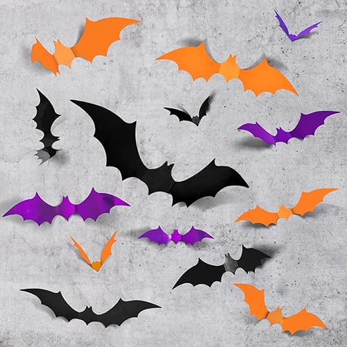 LOLStar 72PCS Halloween Bats Decoration, 4 Different Sizes Realistic PVC Black Purple and Orange 3D Bat Stickers for Summerween Home Decor DIY Wall Decal Indoor, Outdoor Halloween Party Supplies