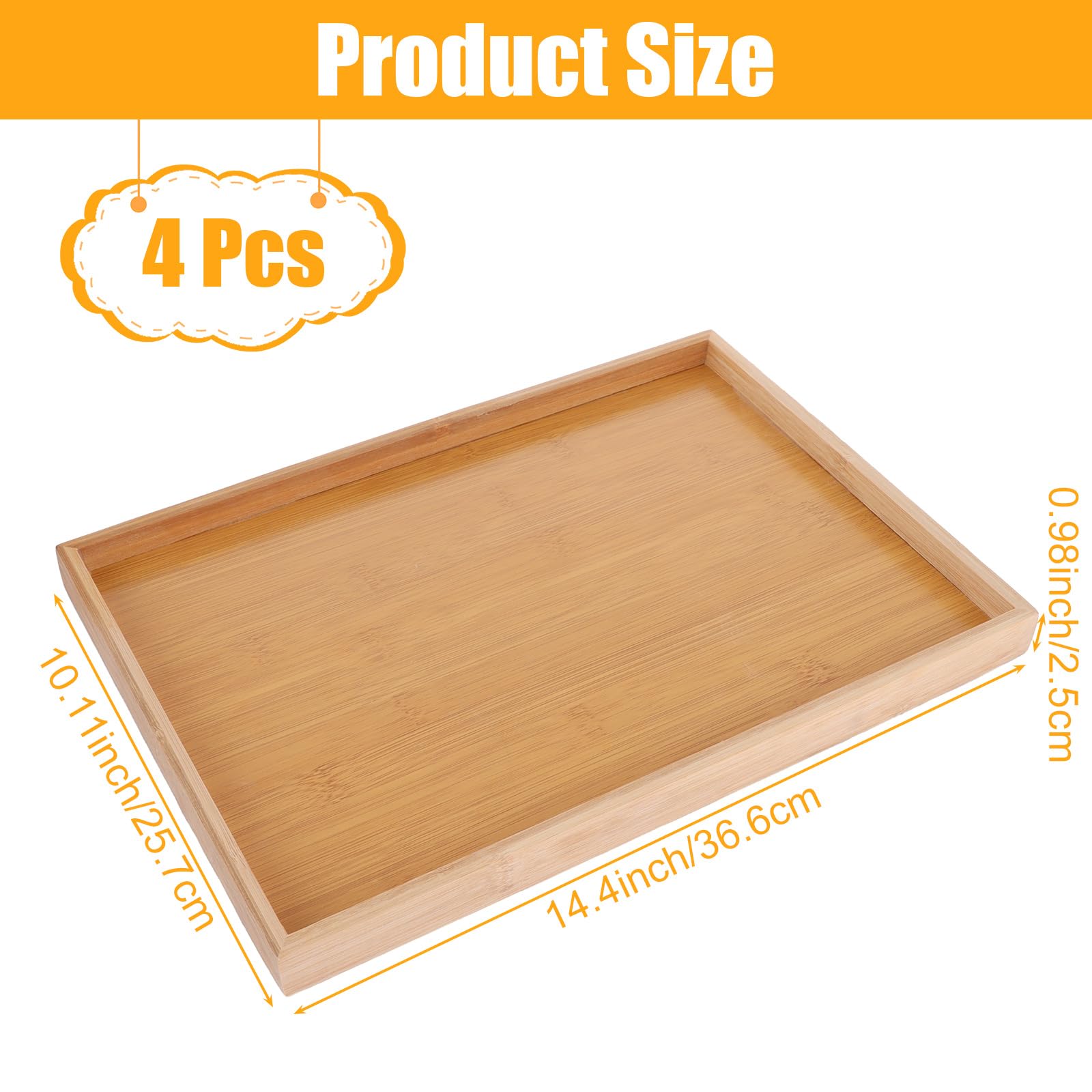 Lot de 4 plateaux de service rectangulaires en bambou - 37 x 26 x 2,5 cm - Pour nourriture, salle à manger, collation et fruits