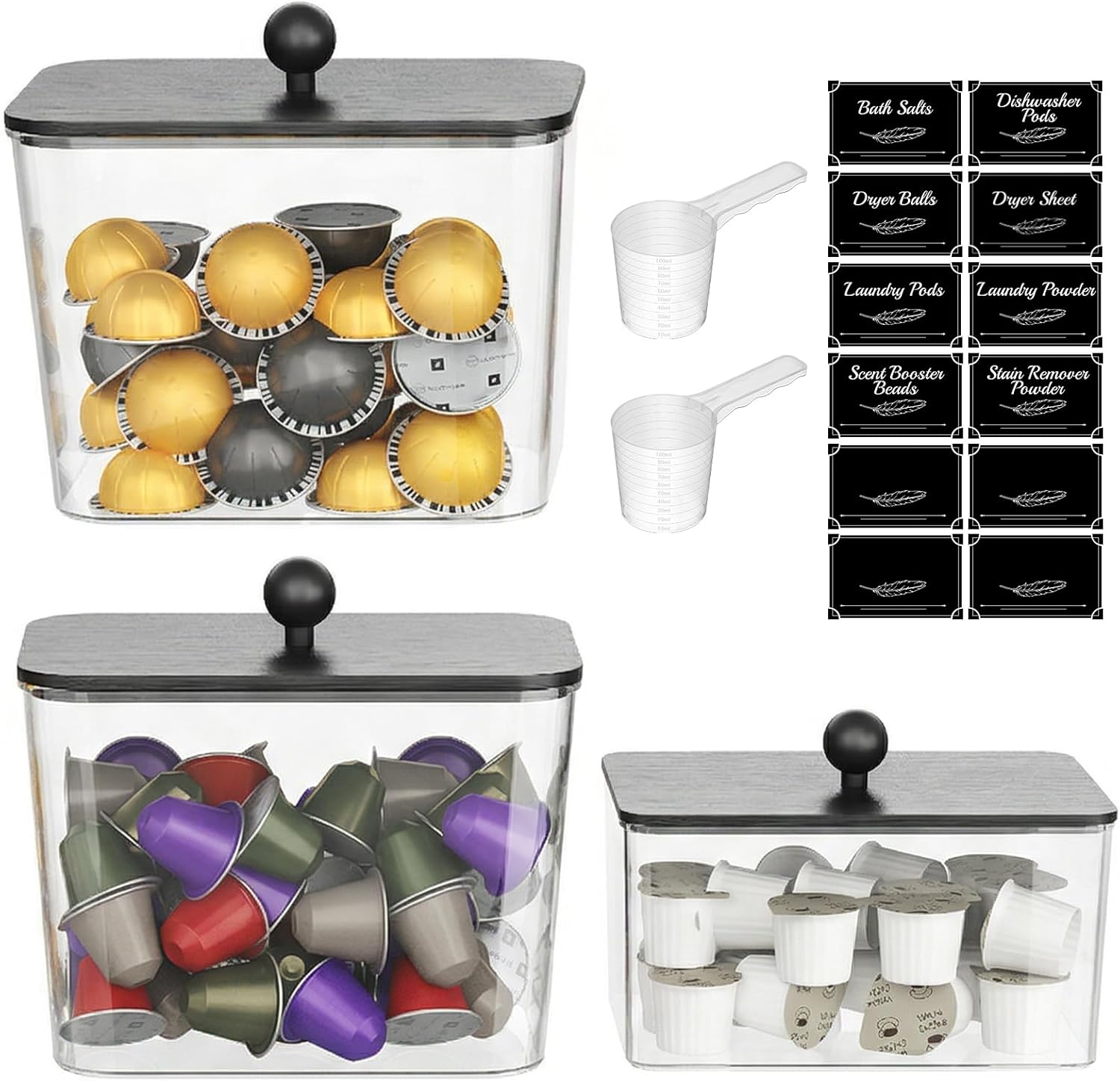 Lifewit 3 Pcs Laundry Pods Container with Bamboo Lid, Dryer Sheet Holder, Laundry Room Organization for Washing Powder, Scent Booster Beads, 2600 +2000ml/0.53+0.7gal